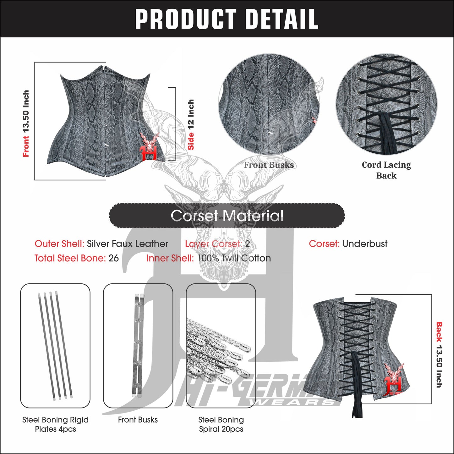 Women's Heavy Duty Steel Boned Underbust Waist Training Snake Print Faux Corset