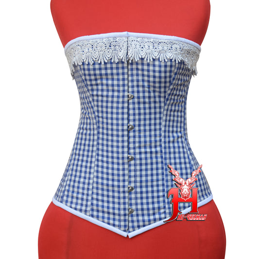 Vollbrustkorsett Damen – Blue & White Checkered Cotton Overbust Corset / Corsage