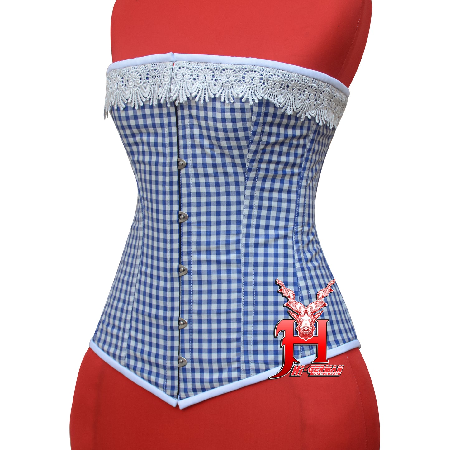 Vollbrustkorsett Damen – Blue & White Checkered Cotton Overbust Corset / Corsage