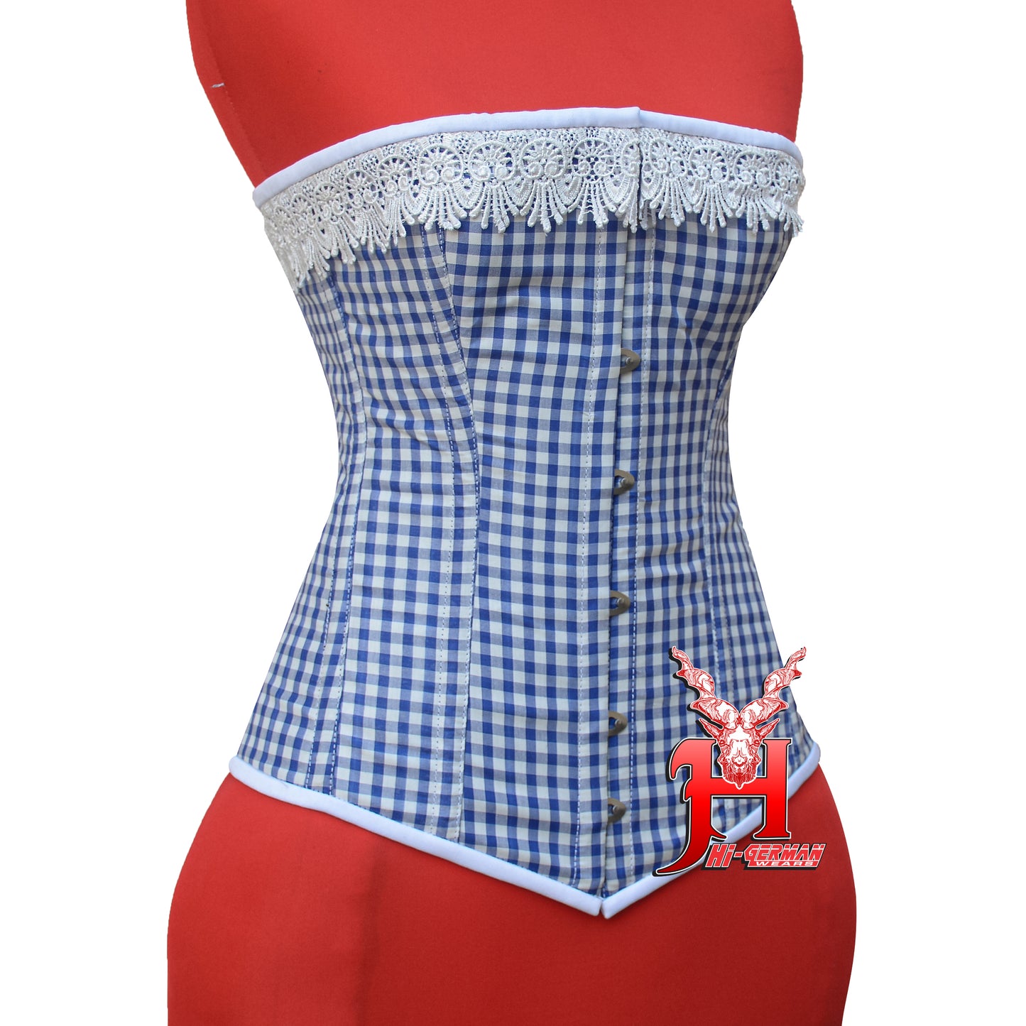 Vollbrustkorsett Damen – Blue & White Checkered Cotton Overbust Corset / Corsage