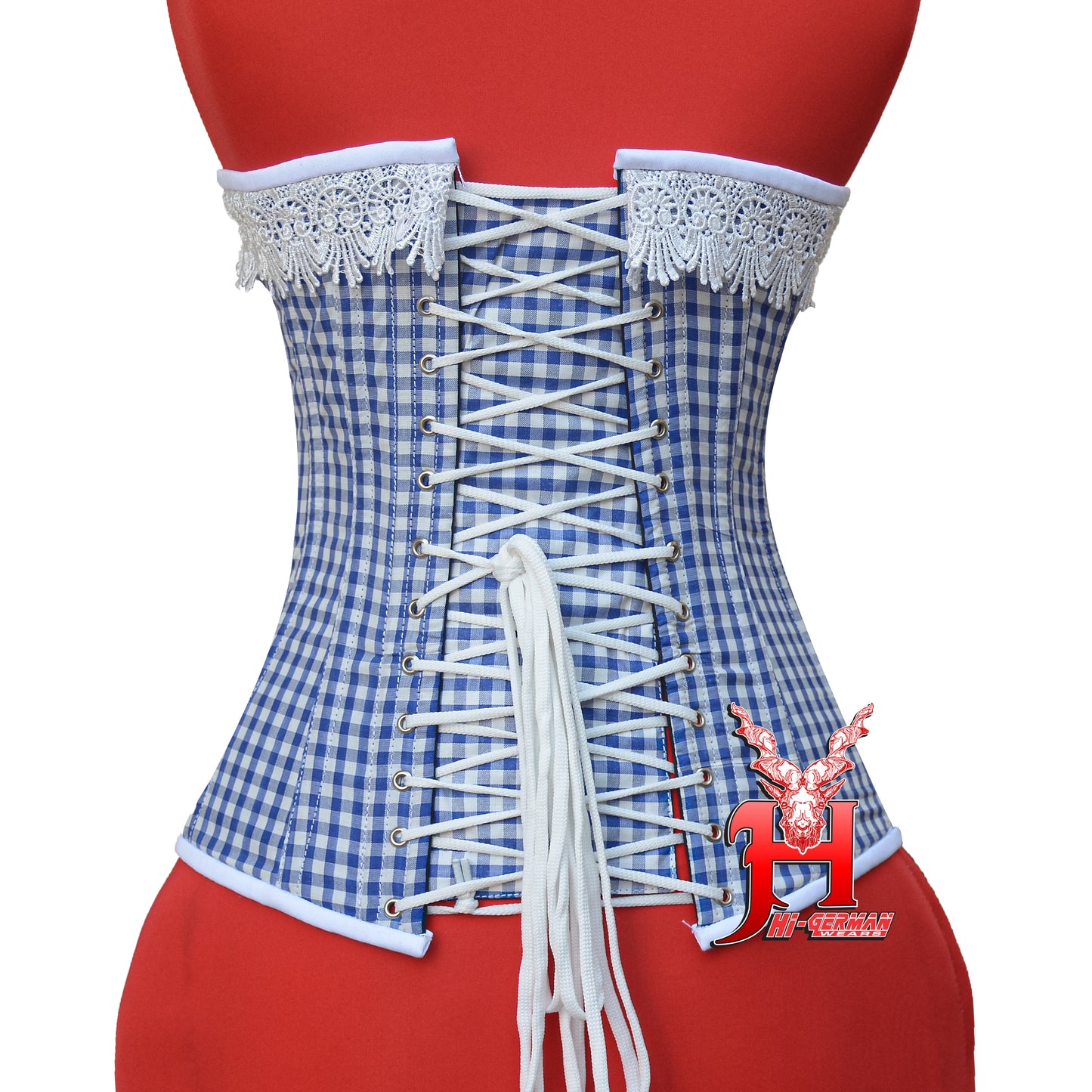 Vollbrustkorsett Damen – Blue & White Checkered Cotton Overbust Corset / Corsage