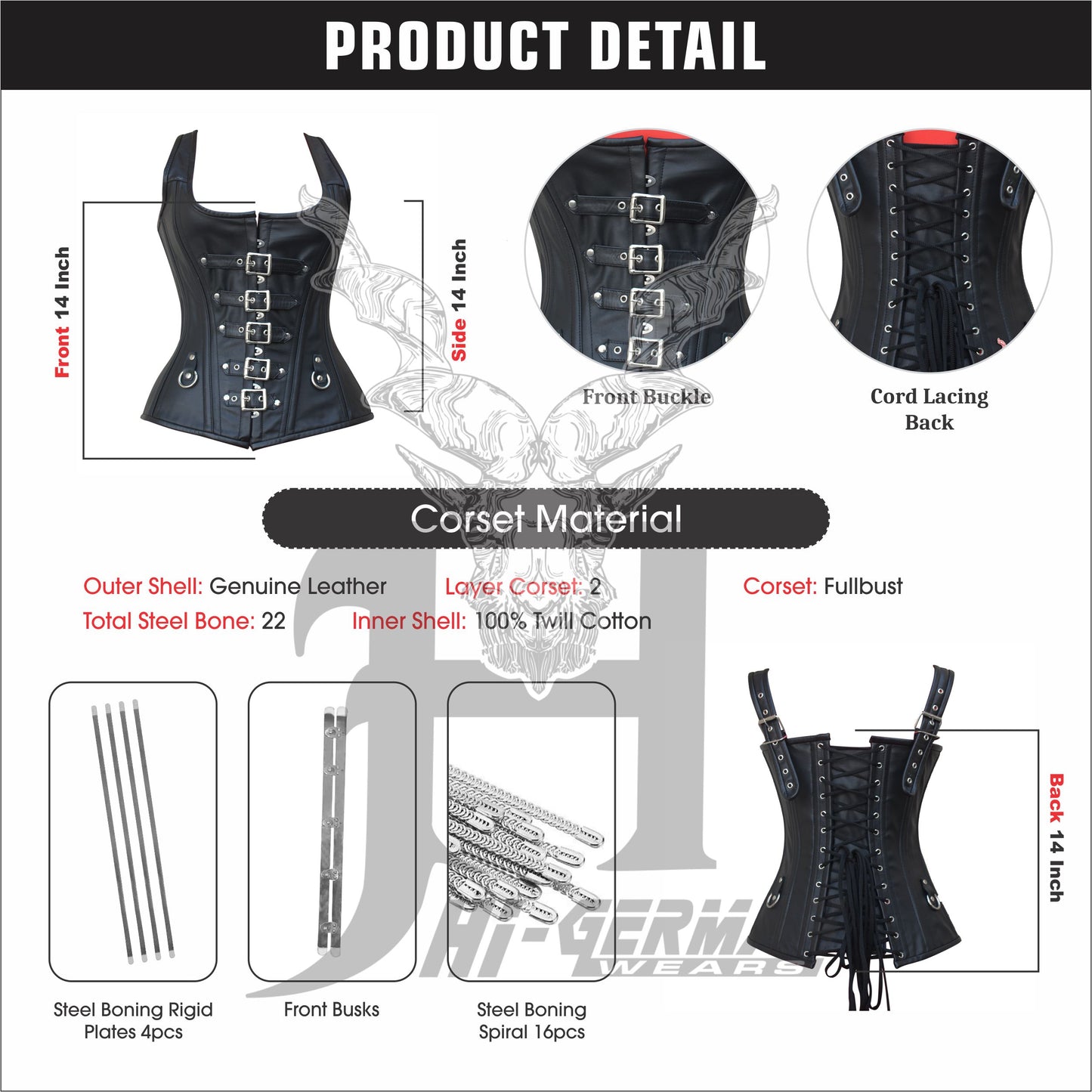 Women's Overbust Corset Black Leather Lace-Up Corset with Straps Gothic Corsets