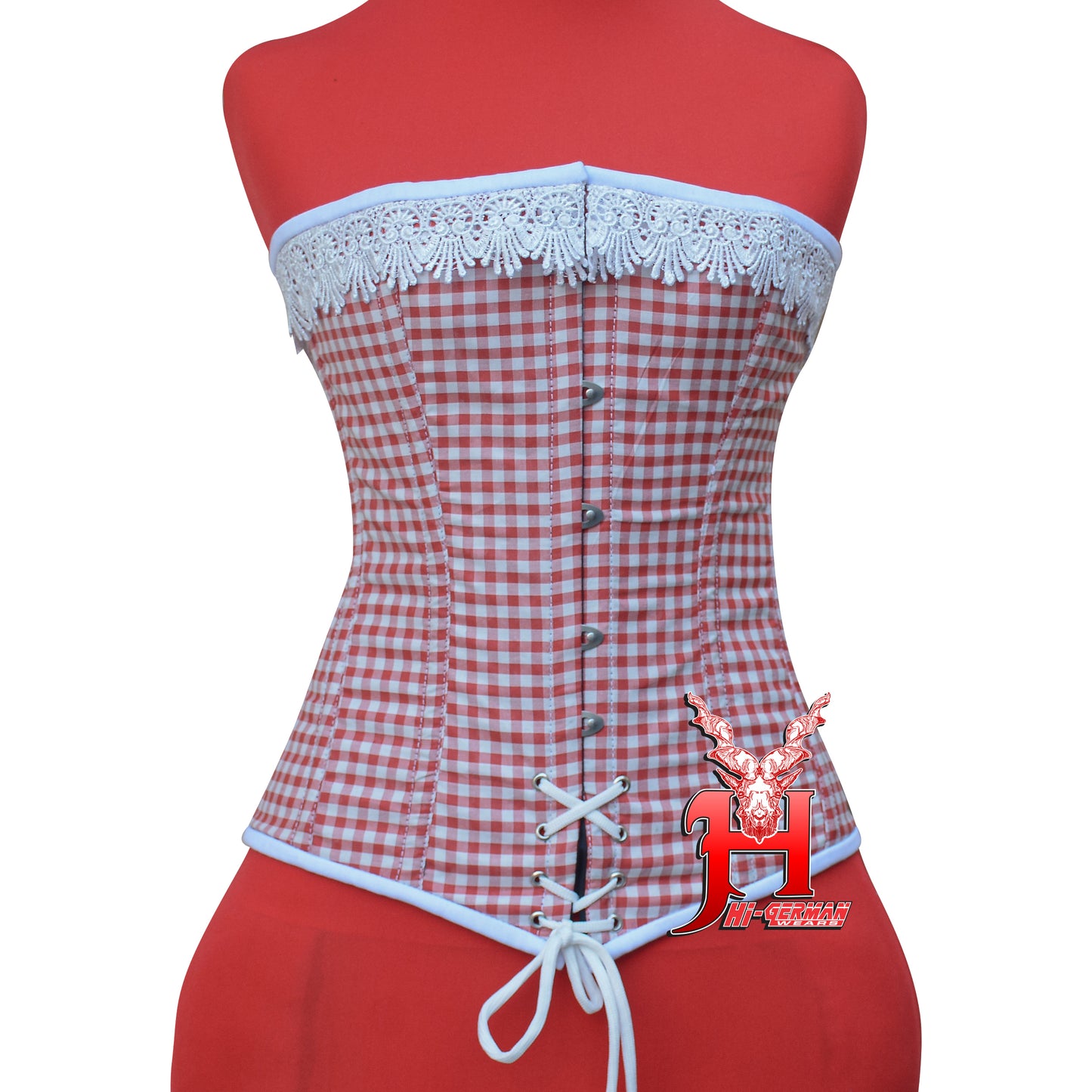 Vollbrustkorsett Damen – Red & White Checkered Cotton Overbust Corset / Corsage