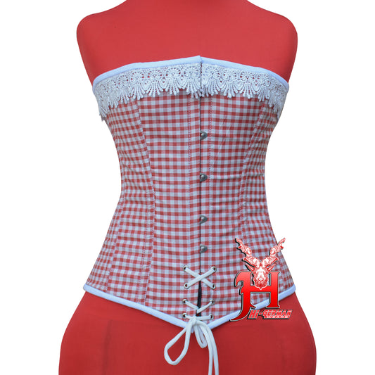 Vollbrustkorsett Damen – Red & White Checkered Cotton Overbust Corset / Corsage