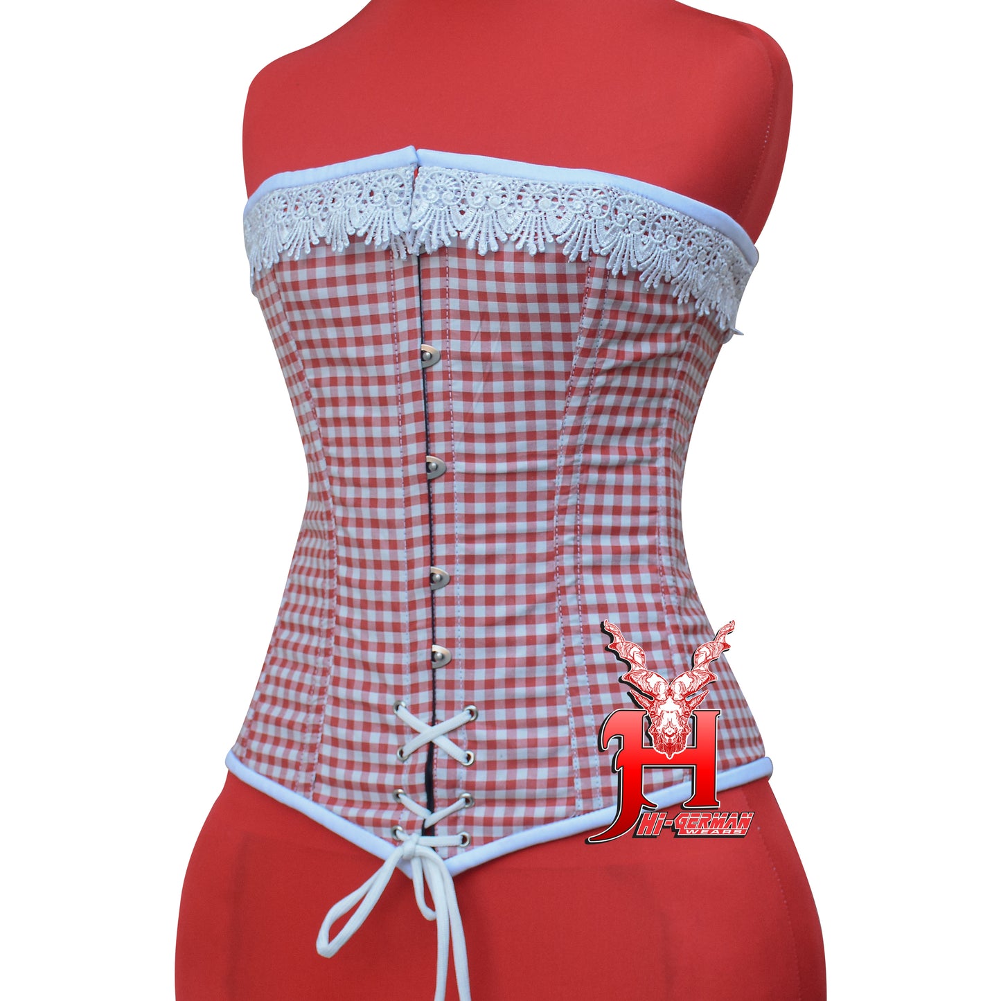 Vollbrustkorsett Damen – Red & White Checkered Cotton Overbust Corset / Corsage
