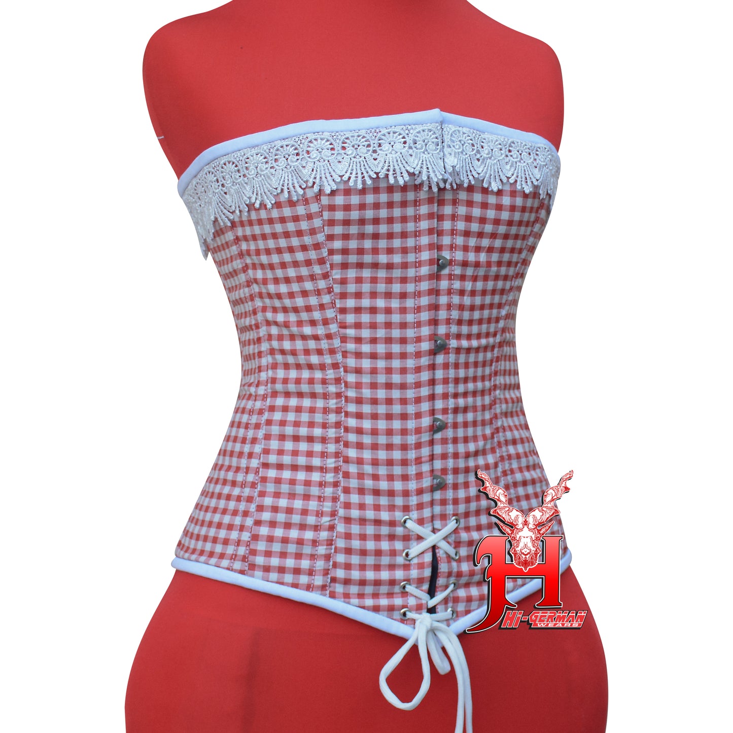 Vollbrustkorsett Damen – Red & White Checkered Cotton Overbust Corset / Corsage