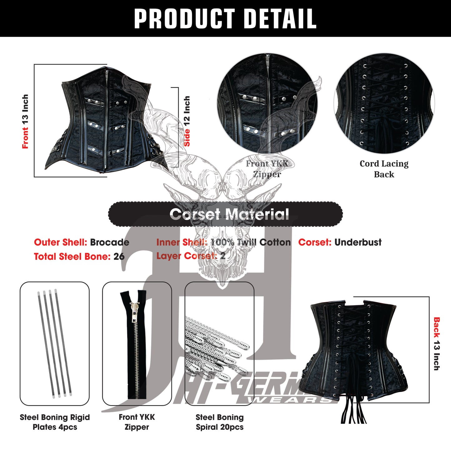 Steel Boned Underbust Brocade Korsett Damen – Steampunk Hourglass Body Shaper Front Zip