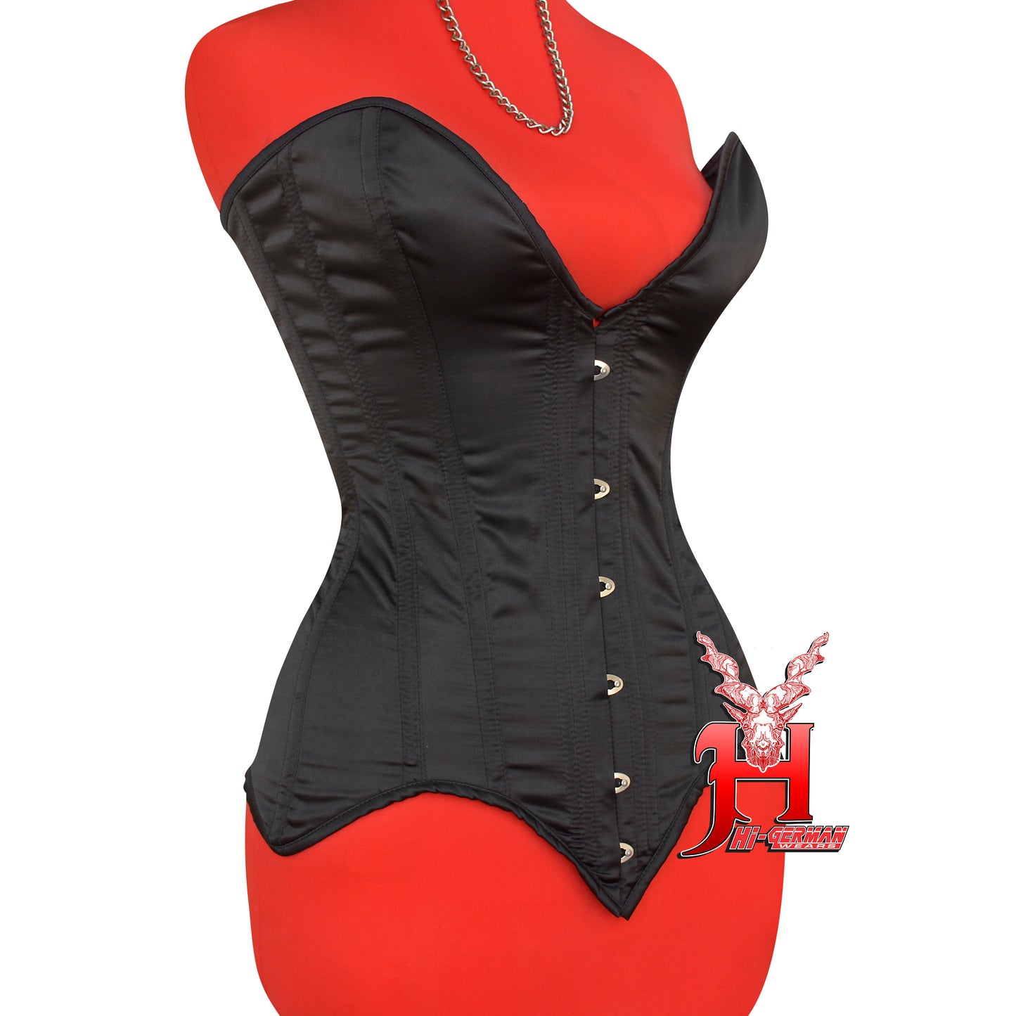 Women’s Overbust Long Torso Black Satin Corset – Doppelstahl Überbrust Korsett Deep Neck Waist Trainer