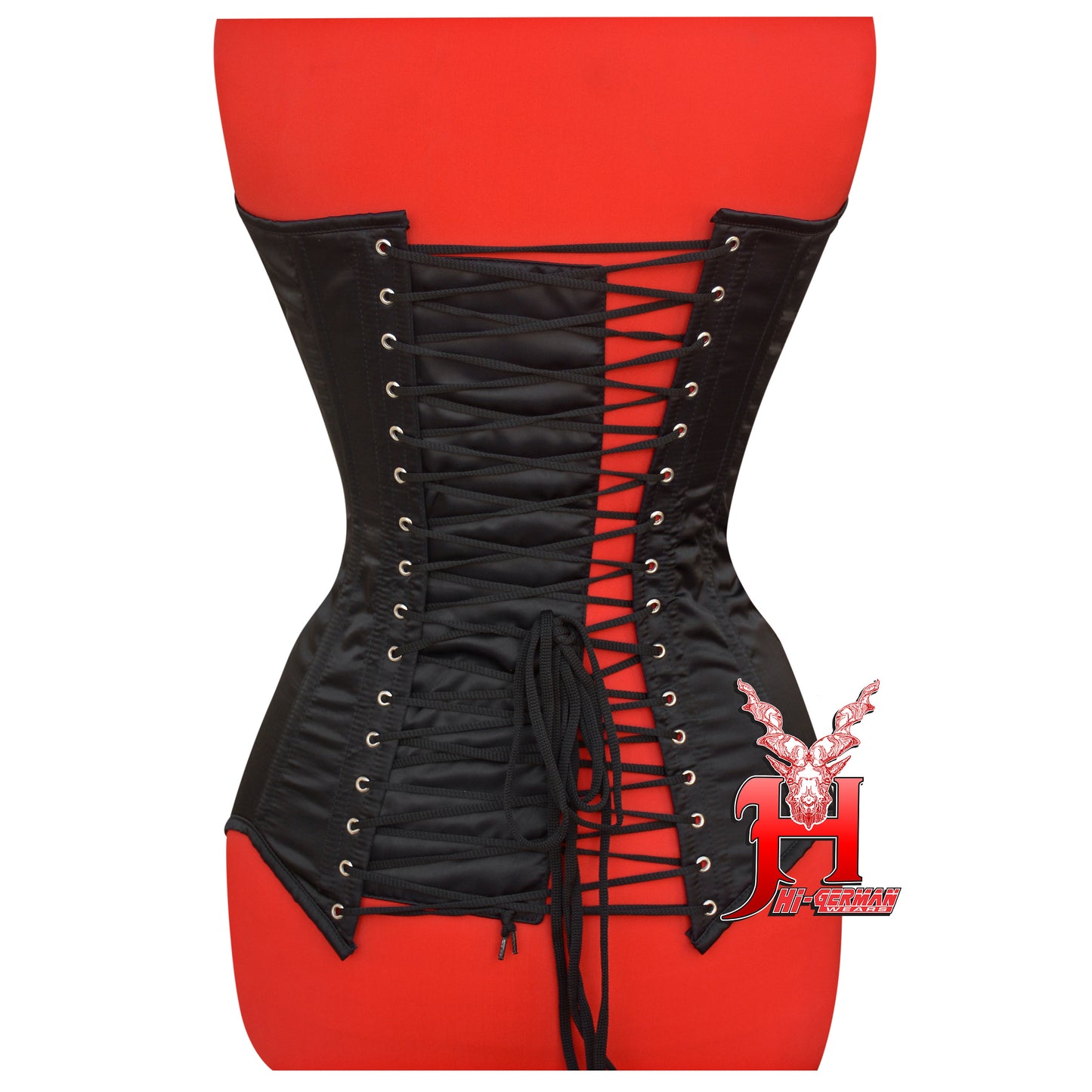Women’s Overbust Long Torso Black Satin Corset – Doppelstahl Überbrust Korsett Deep Neck Waist Trainer