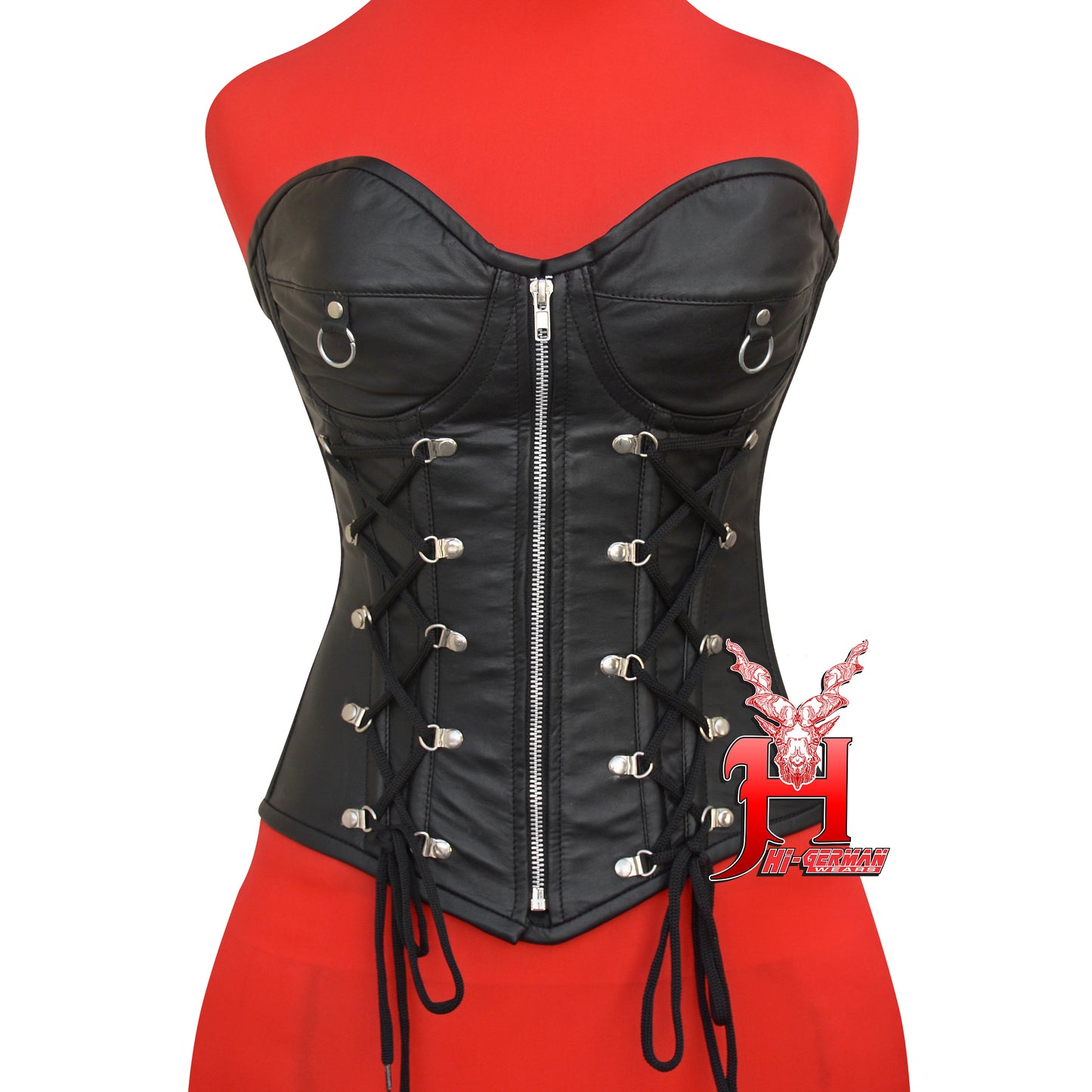 Women's Vollbrust Corsage Schwarz Leder Korsett Gothic Overbust Leather Zip Corset Top