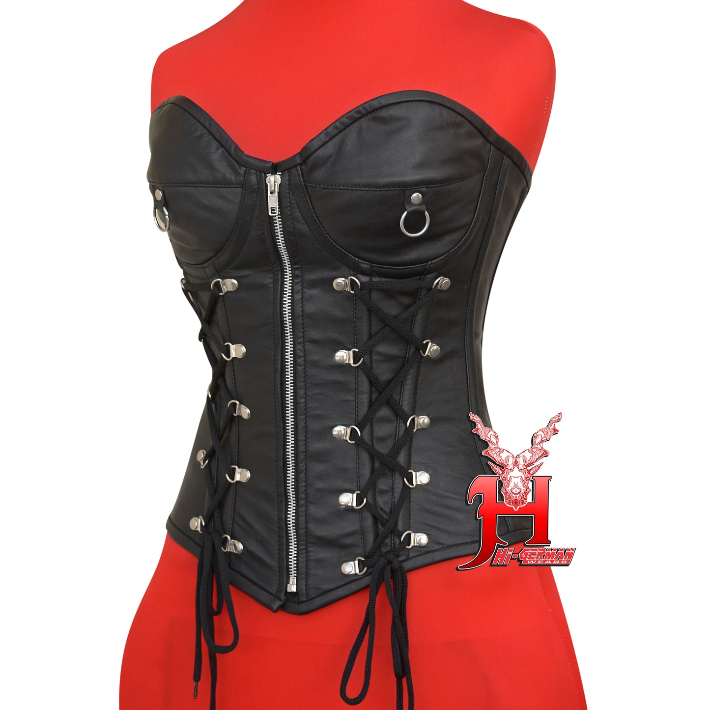 Women's Vollbrust Corsage Schwarz Leder Korsett Gothic Overbust Leather Zip Corset Top