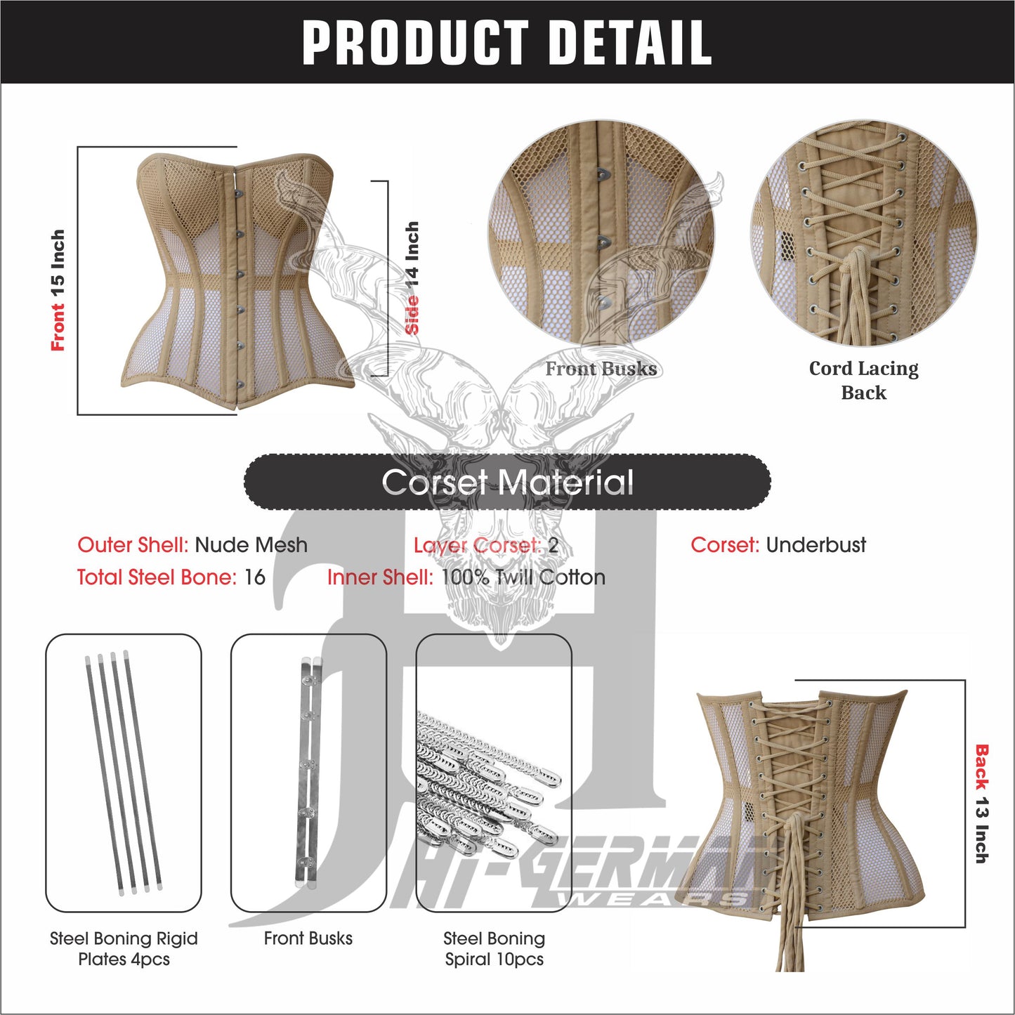 Women’s Overbust Nude Cotton Mesh Steel Boned Corset Überbrust Korsett Damen