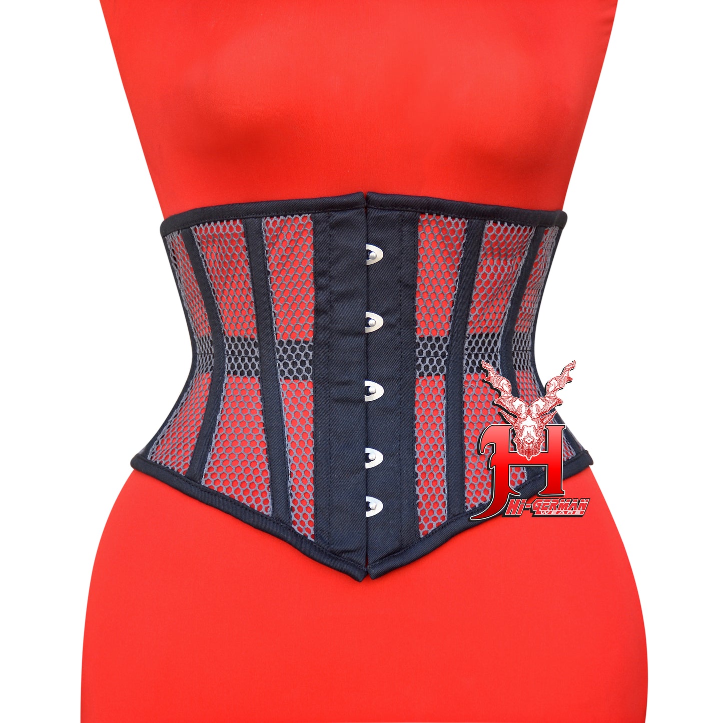 Women’s Underbust Black Cotton Gray Mesh Steel Boned Corset Unterbrust Korsett Damen