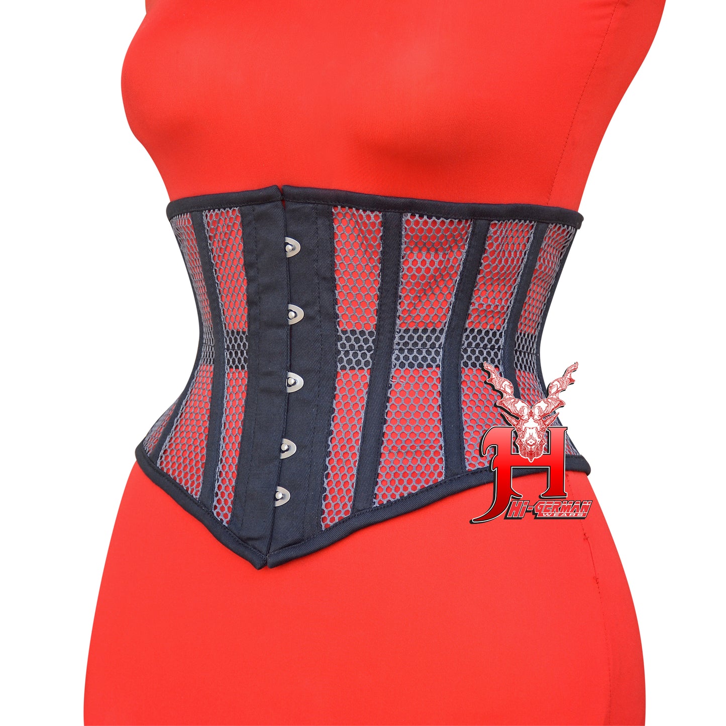 Women’s Underbust Black Cotton Gray Mesh Steel Boned Corset Unterbrust Korsett Damen