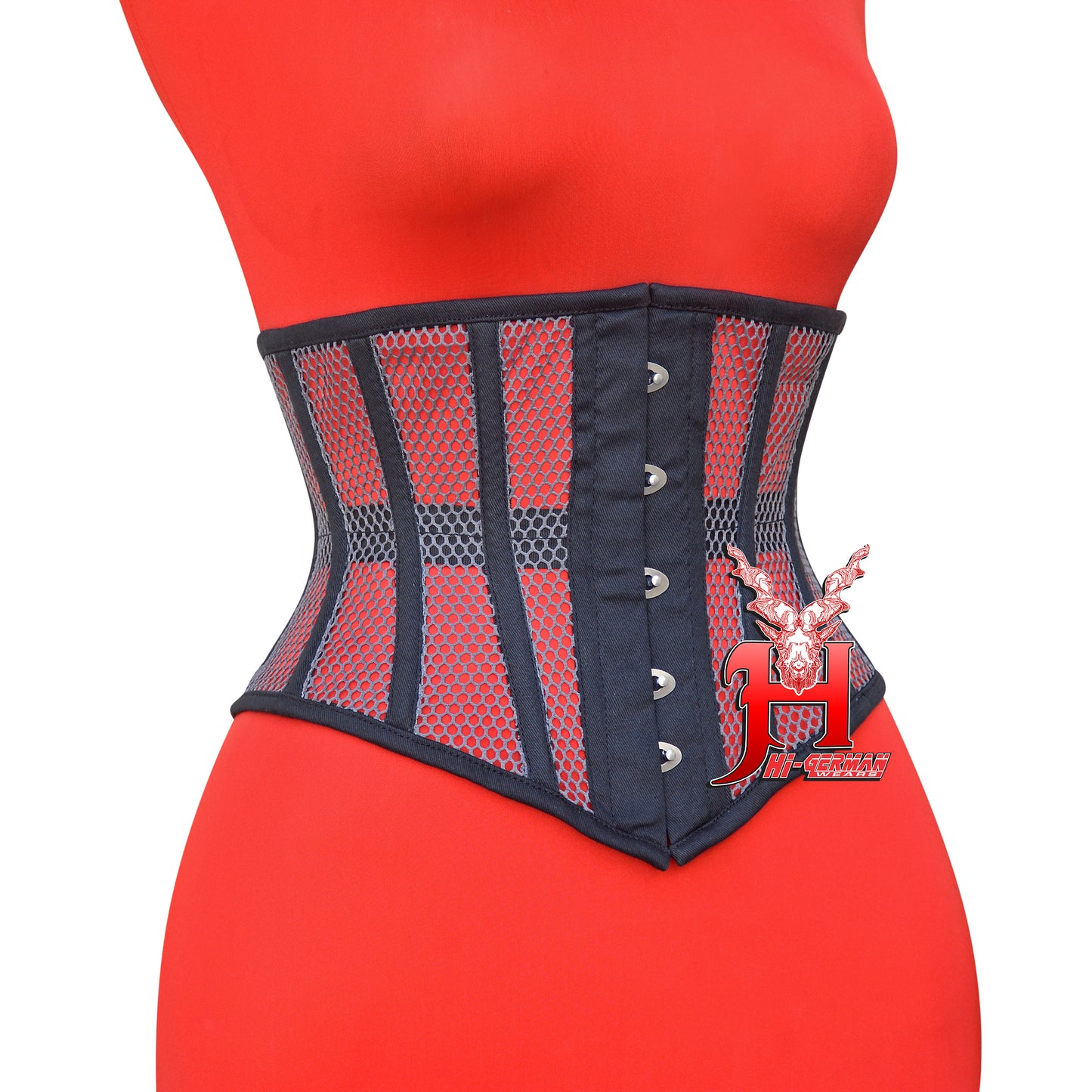 Women’s Underbust Black Cotton Gray Mesh Steel Boned Corset Unterbrust Korsett Damen