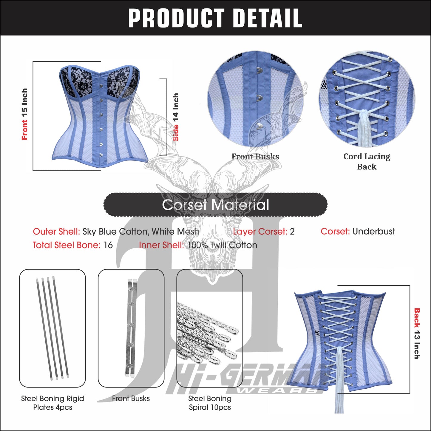 Women’s Overbust Sky Blue Cotton Mesh White Panels Steel Boned Corset Überbrust Korsett Damen