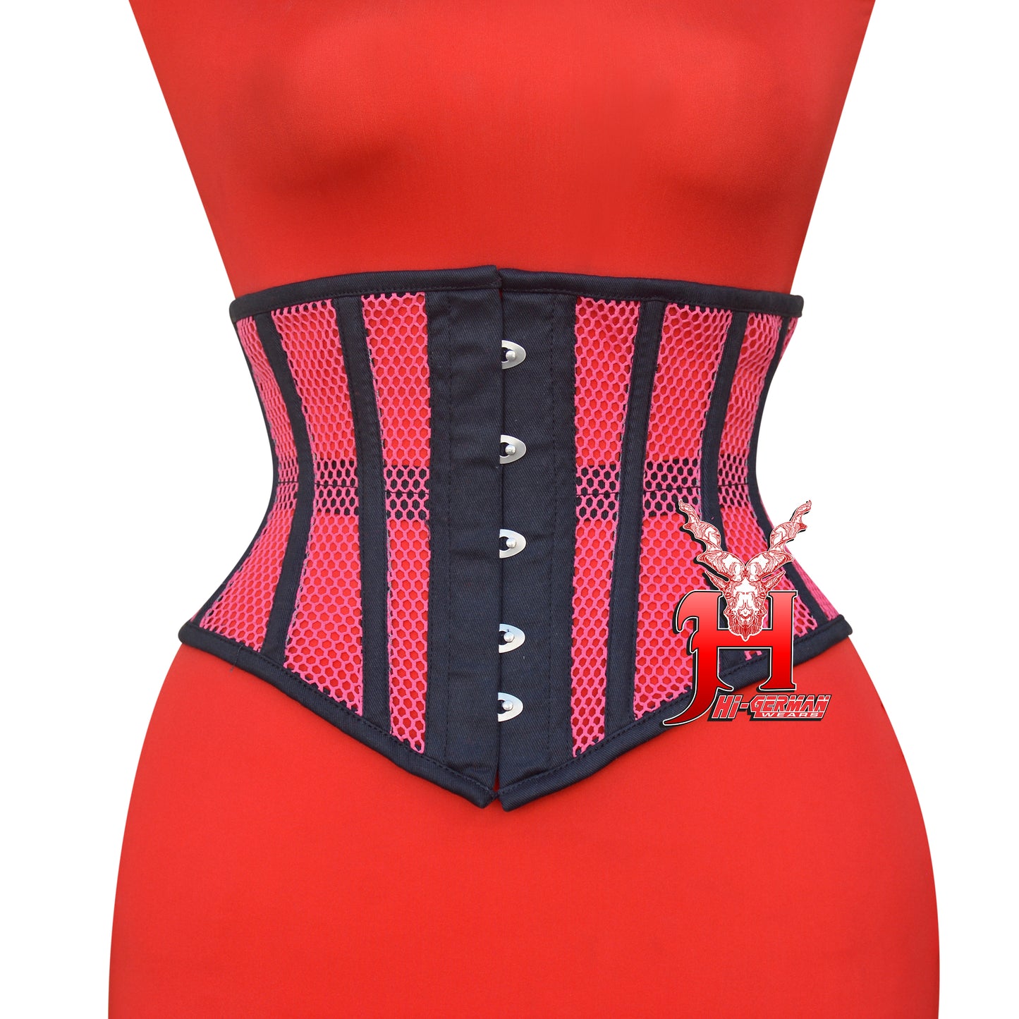 Women’s Underbust Black Cotton Hot Pink Mesh Steel Boned Corset Unterbrust Korsett Damen