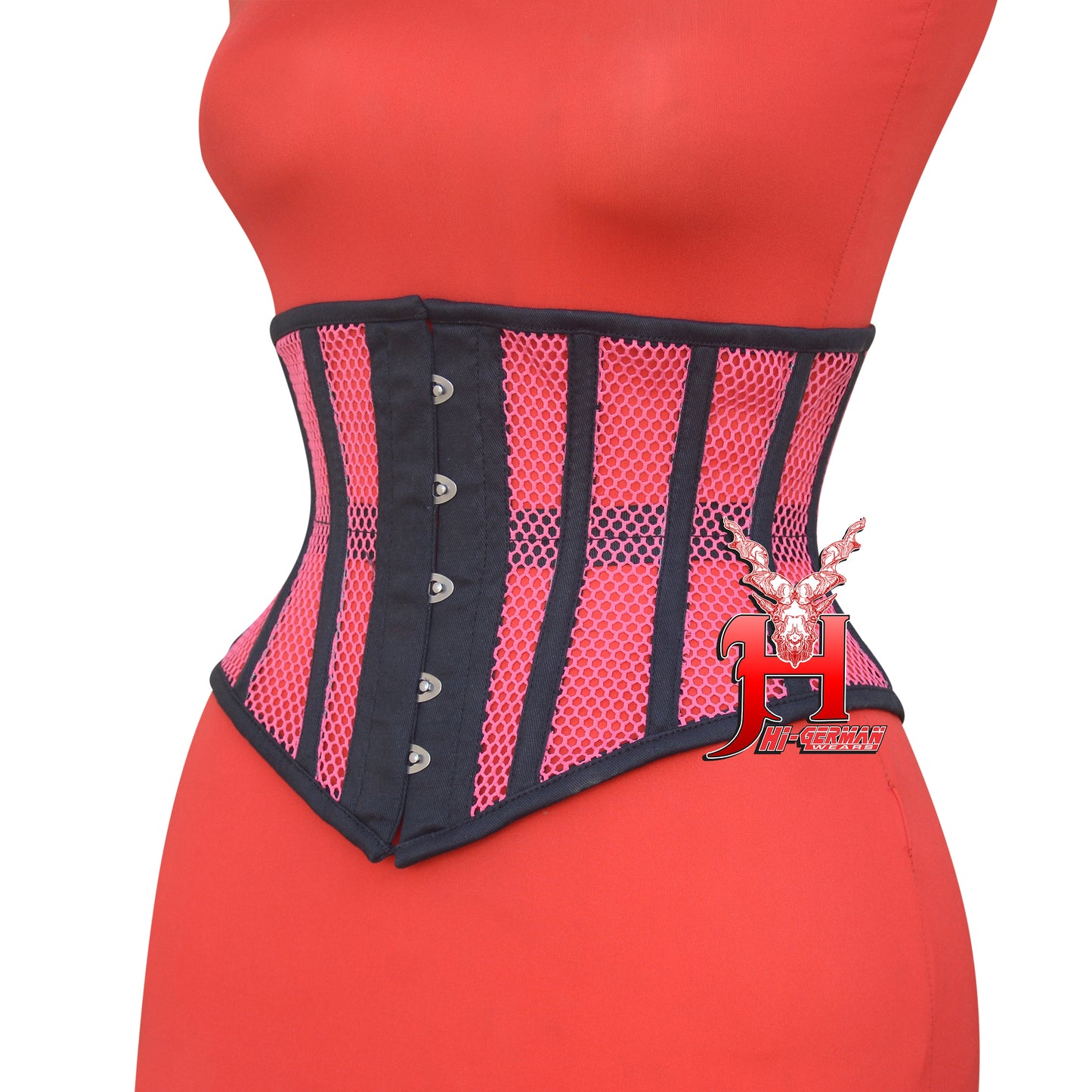 Women’s Underbust Black Cotton Hot Pink Mesh Steel Boned Corset Unterbrust Korsett Damen
