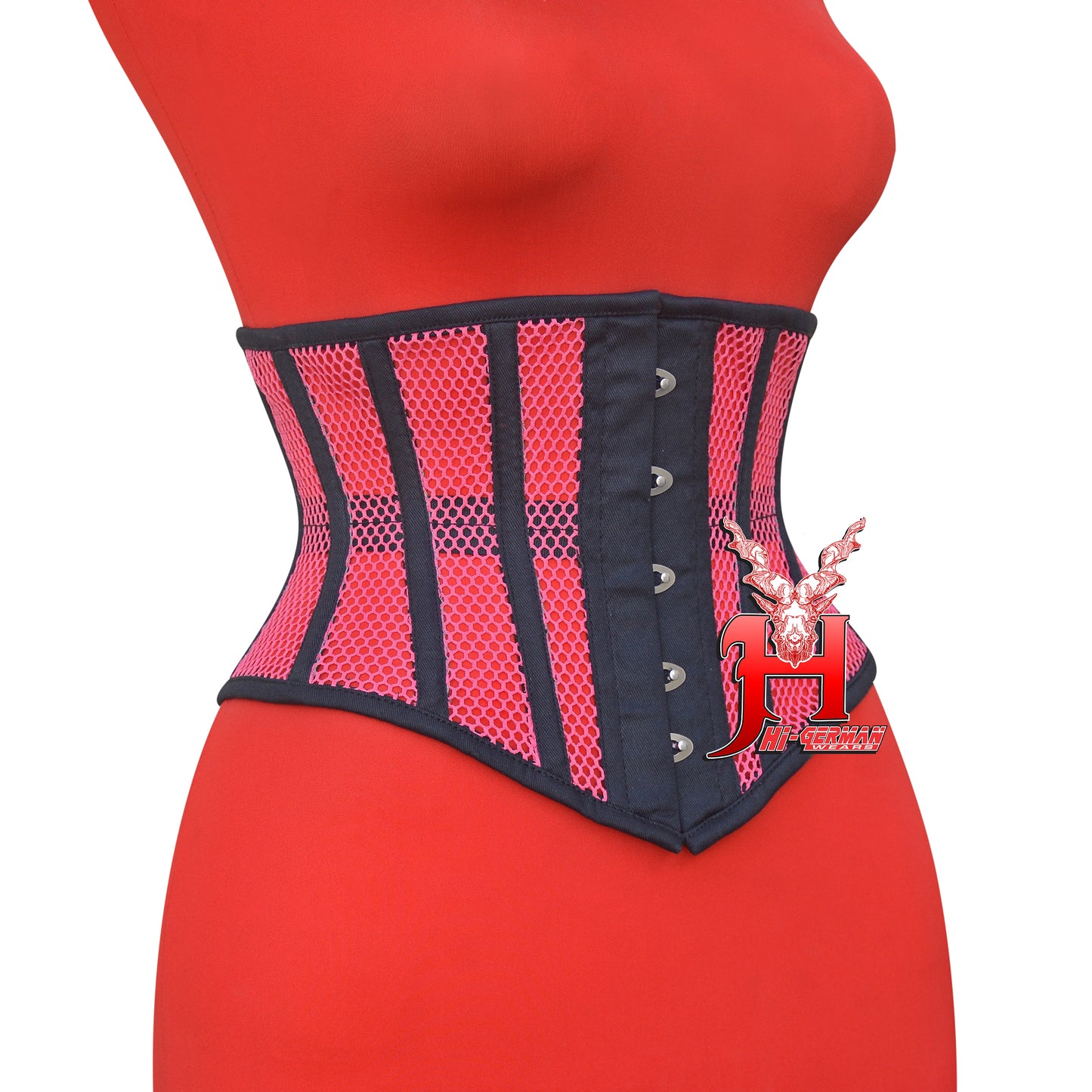 Women’s Underbust Black Cotton Hot Pink Mesh Steel Boned Corset Unterbrust Korsett Damen