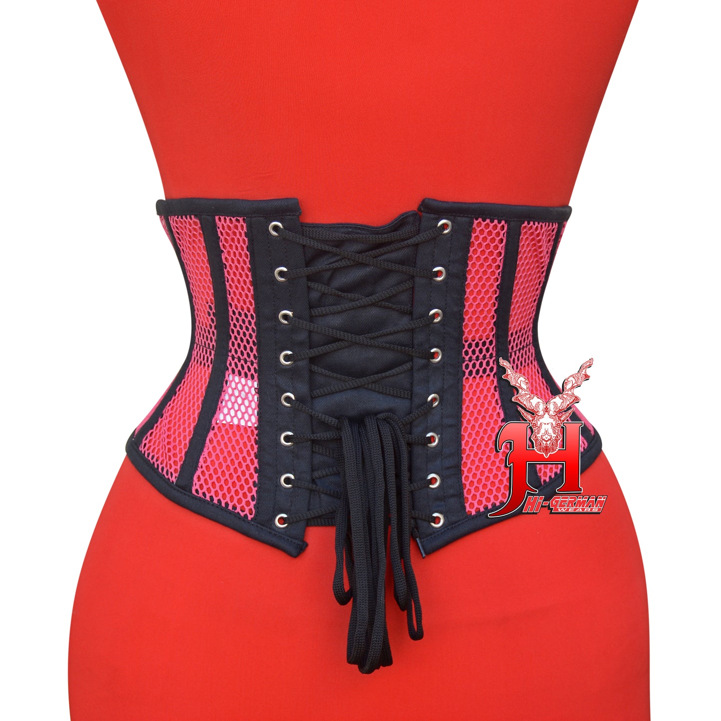 Women’s Underbust Black Cotton Hot Pink Mesh Steel Boned Corset Unterbrust Korsett Damen