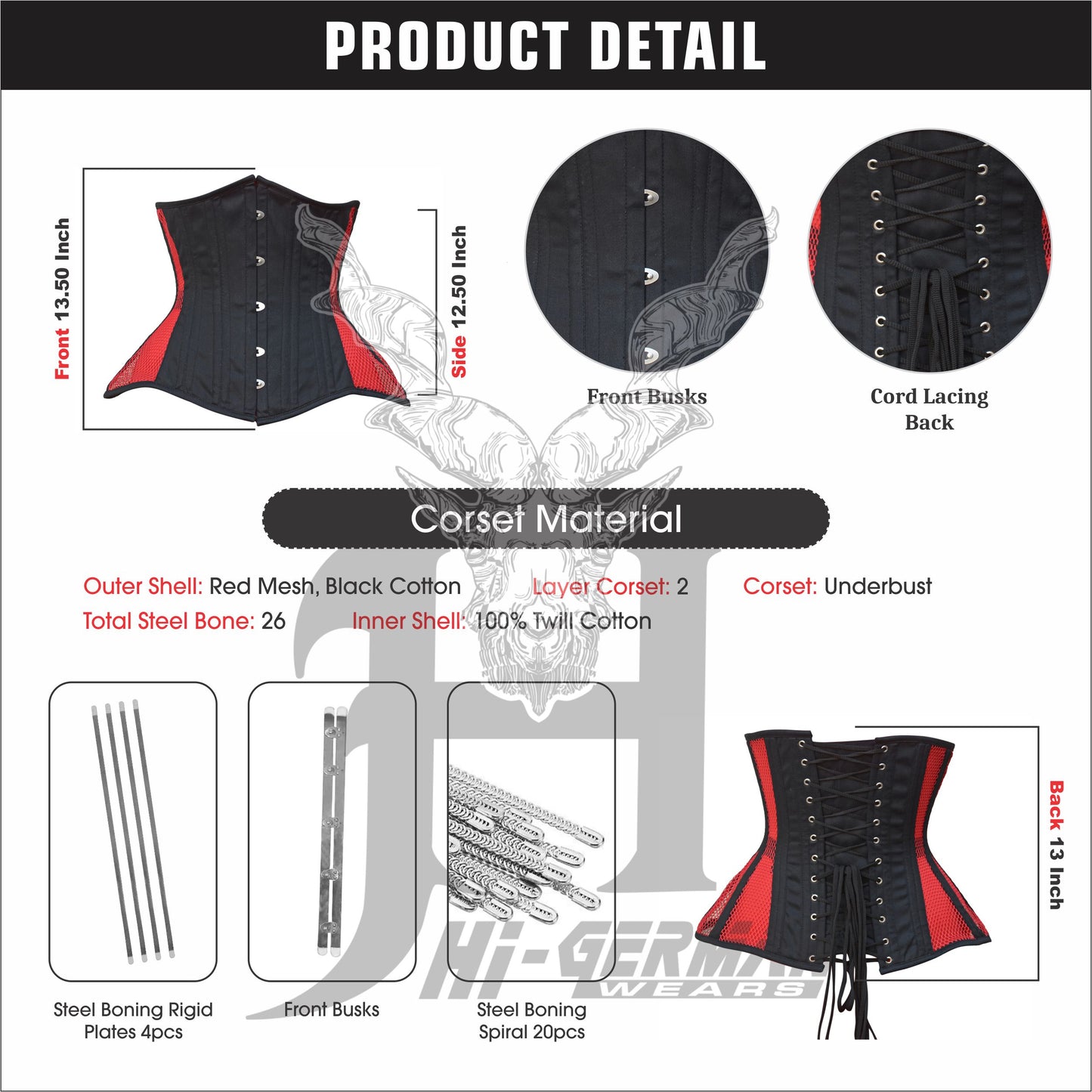 Women’s Underbust Black Cotton Side-Res Mesh Steel Boned Corset Unterbrust Korsett Damen