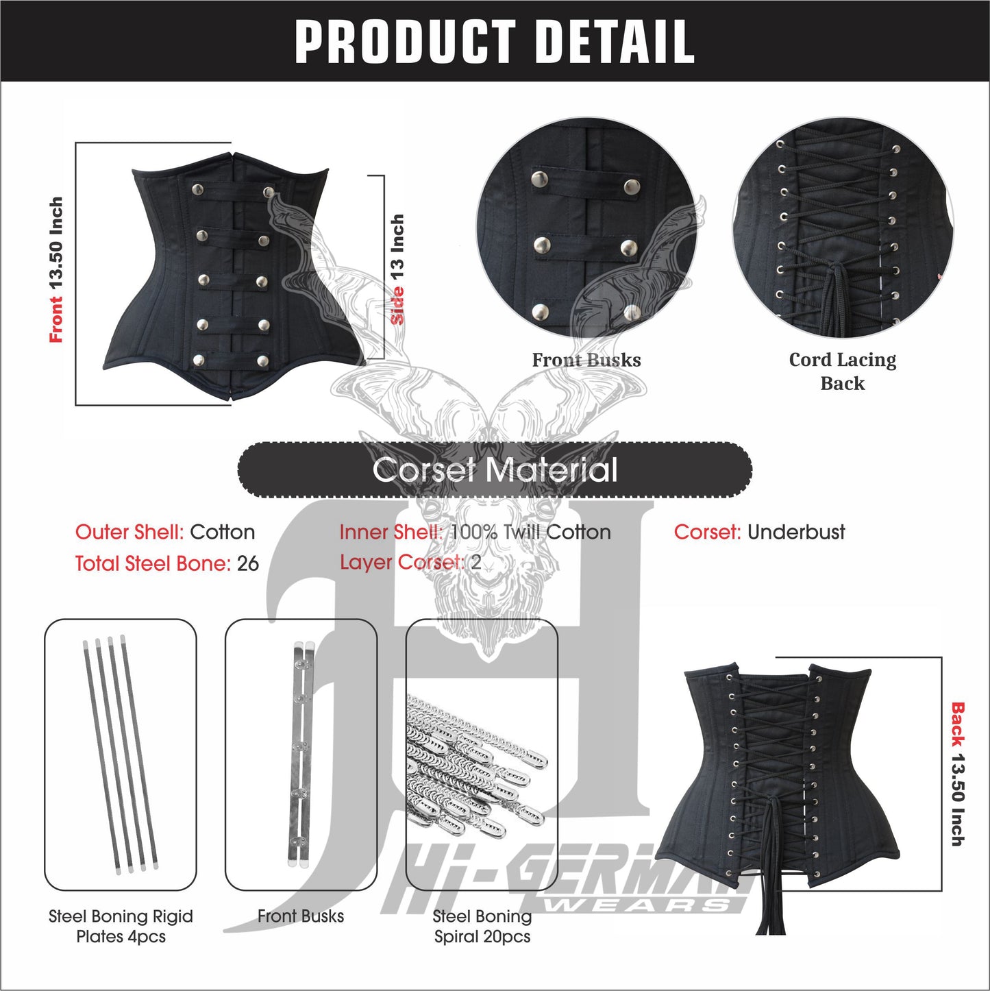 Women’s Underbust Schwarzes Cotton Steel Boned Korsett