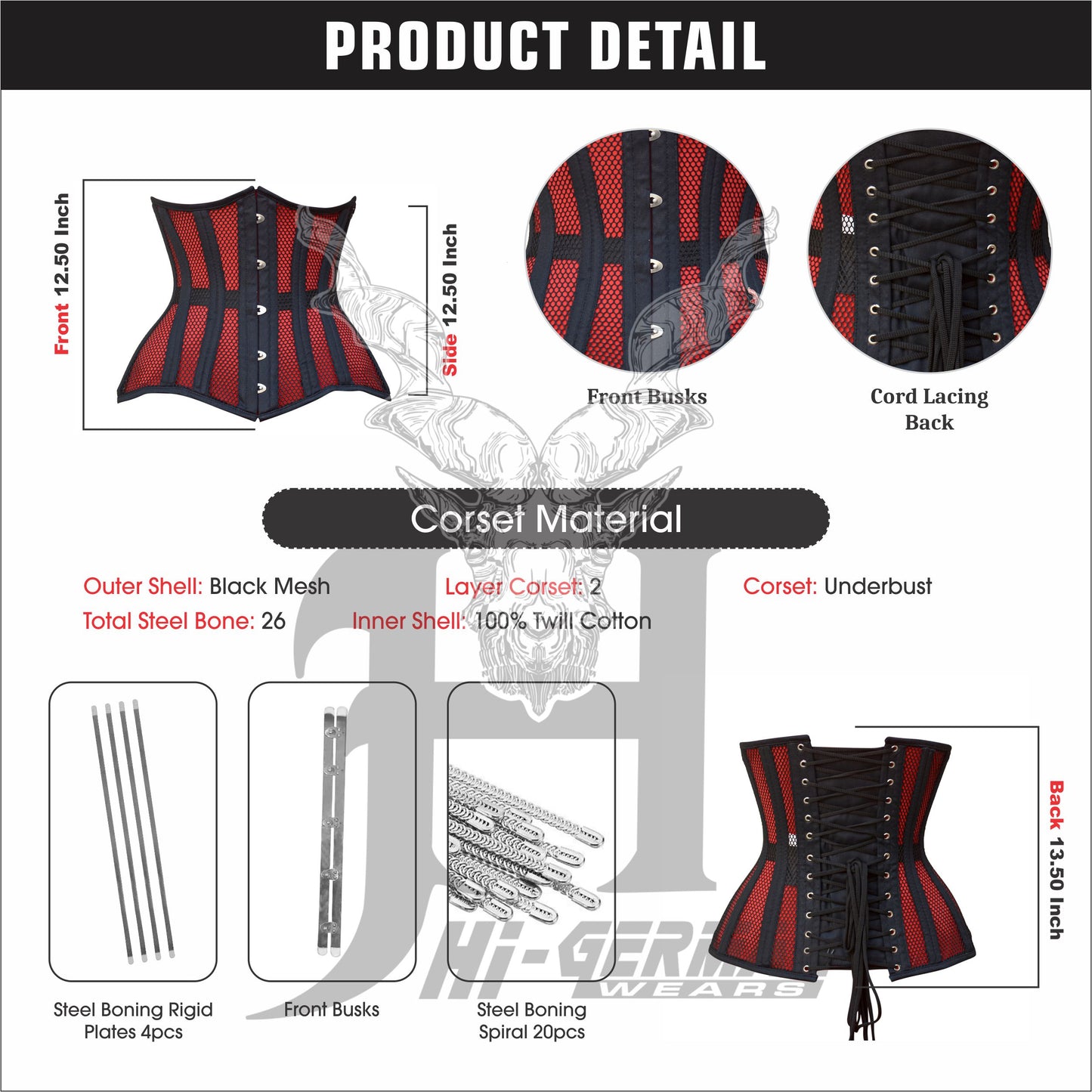 Women’s Underbust Black Cotton Mesh Double Steel Boned Corset Unterbrust Korsett Damen