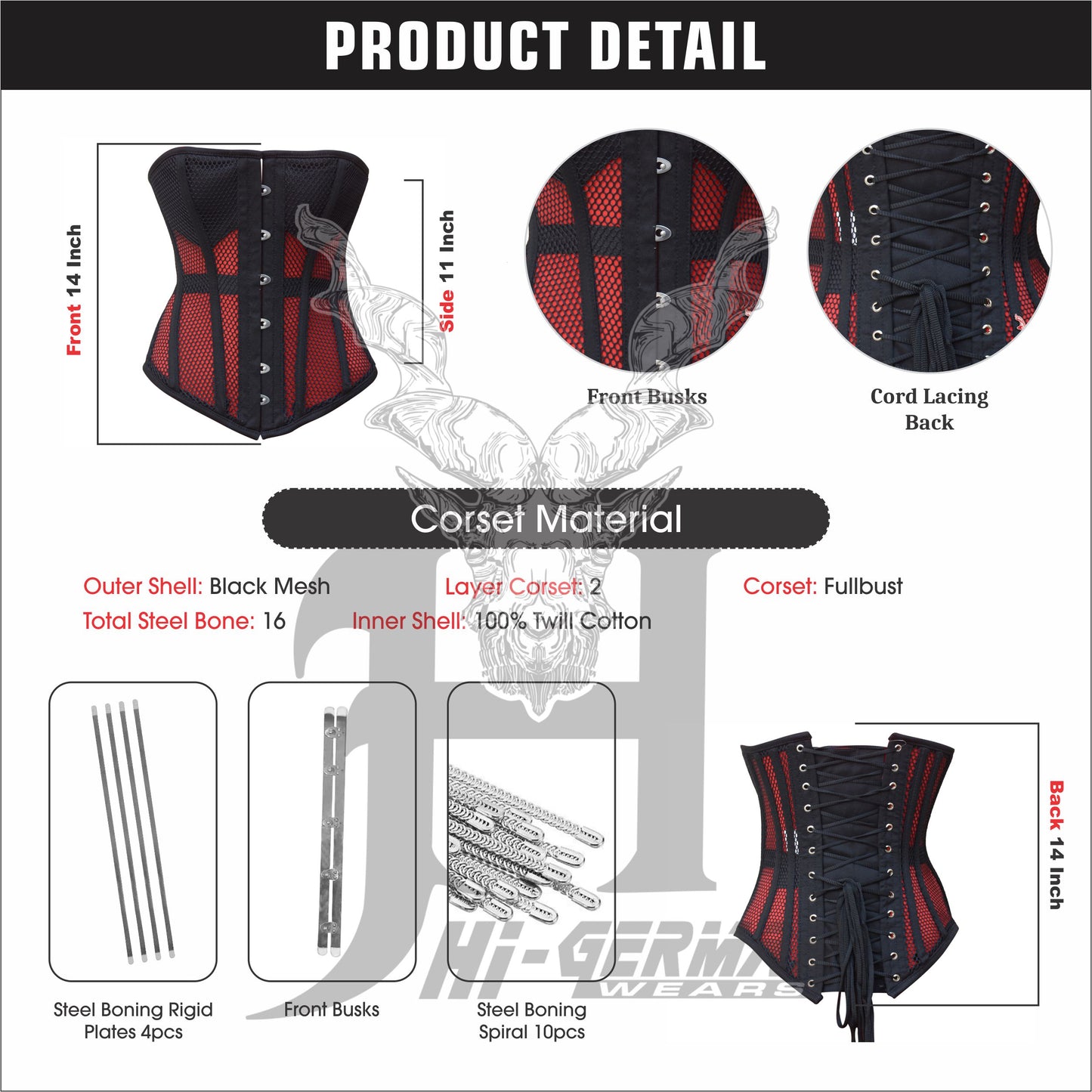 Women’s Overbust Black Cotton Mesh Steel Boned Corset Überbrust Korsett Damen