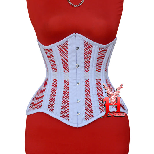 Women’s Underbust White Cotton Mesh Double Steel Boned Corset Unterbrust Korsett Damen