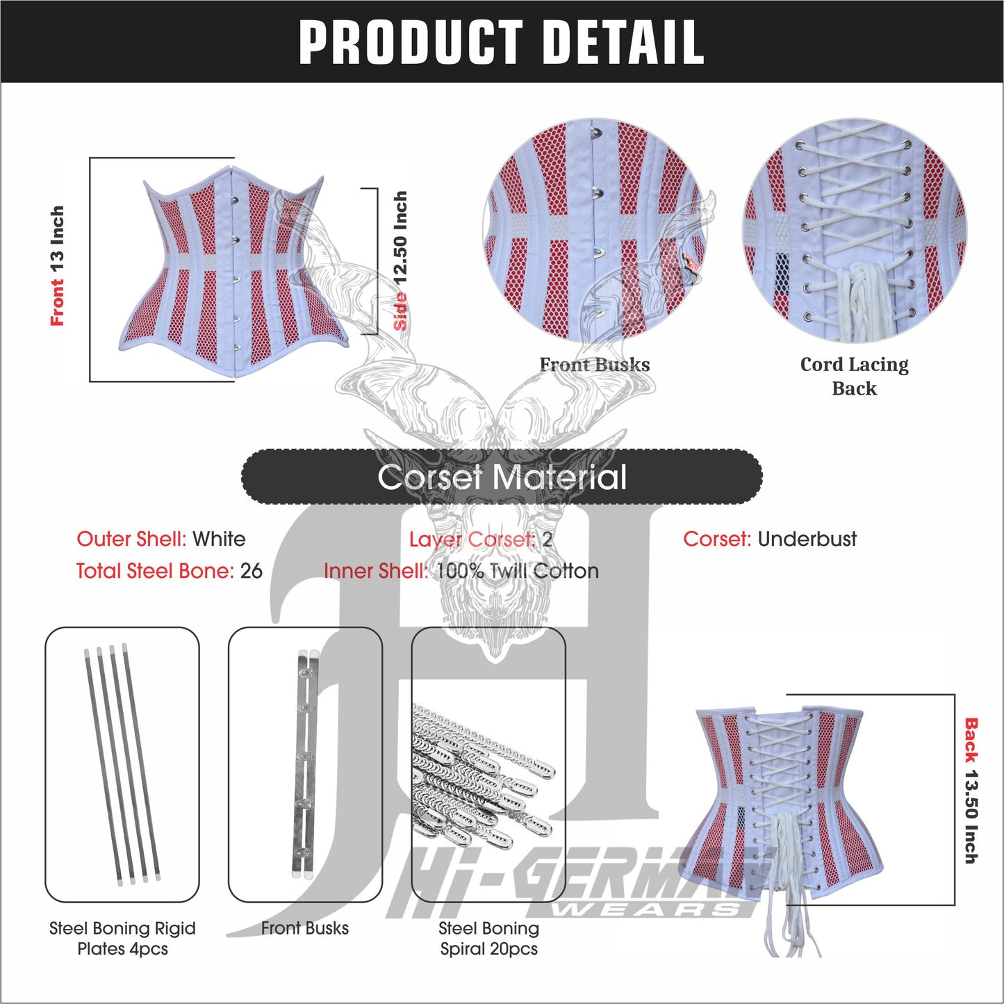Women’s Underbust White Cotton Mesh Double Steel Boned Corset Unterbrust Korsett Damen