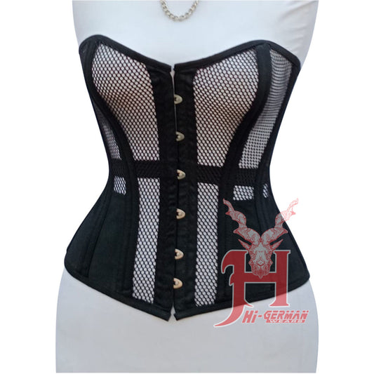 Handmade Women Black Faux Leather Mesh Overbust Corsets Steel