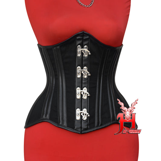Unterbrustcorsage Damen – Black Cotton Underbust Corset with Buckles & Leather