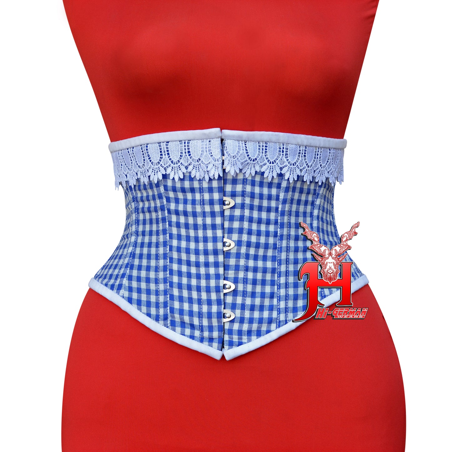 Women’s Underbust Korsett – Blue & White Checkered Cotton Steel Boned Waist Trainer