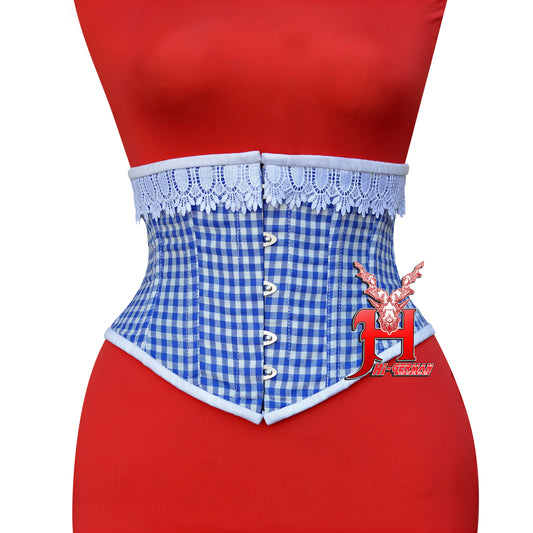 Women’s Underbust Korsett – Blue & White Checkered Cotton Steel Boned Waist Trainer
