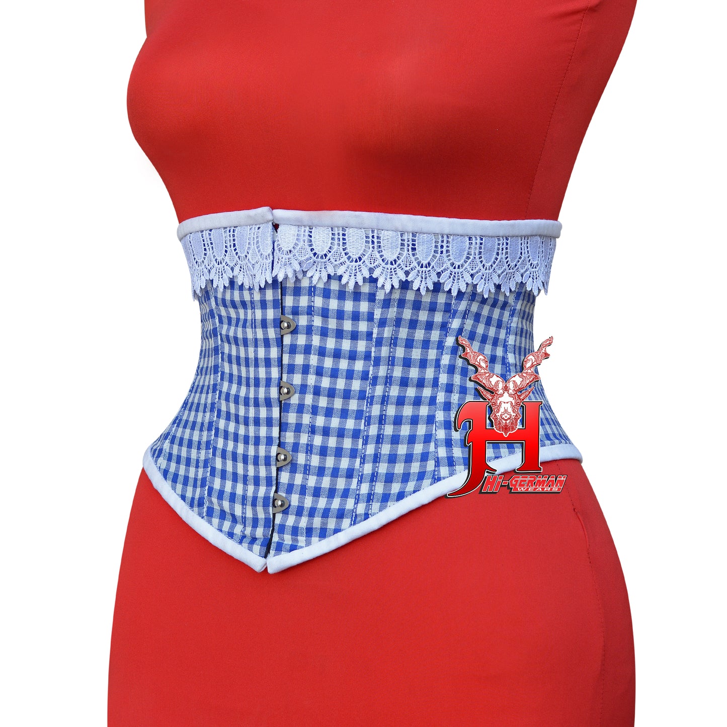 Women’s Underbust Korsett – Blue & White Checkered Cotton Steel Boned Waist Trainer