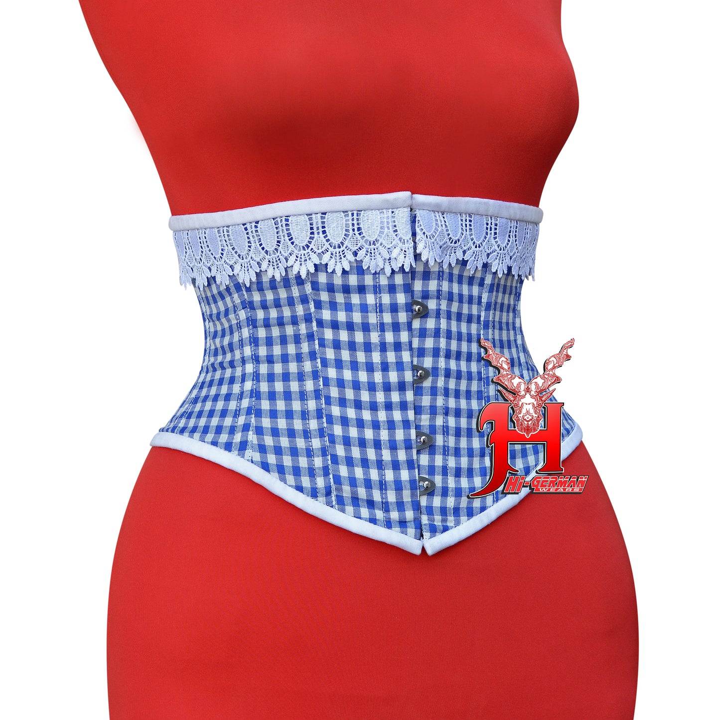 Women’s Underbust Korsett – Blue & White Checkered Cotton Steel Boned Waist Trainer