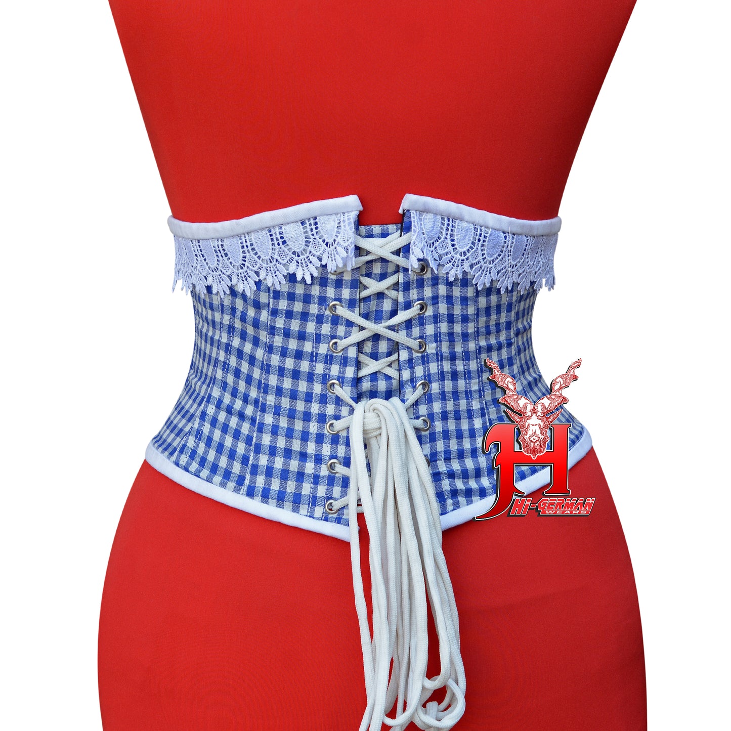Women’s Underbust Korsett – Blue & White Checkered Cotton Steel Boned Waist Trainer
