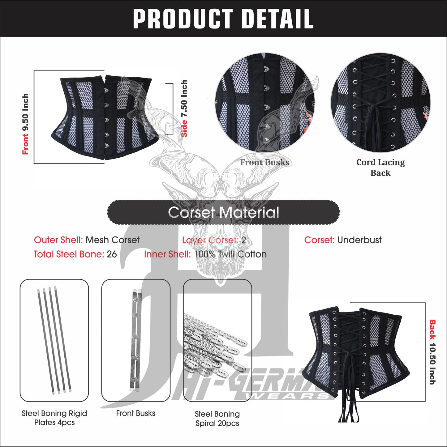 Handmade Women Underbust Black Mesh Corset Steel Boned Waist Trainer Gothic Korsett Tailleformer