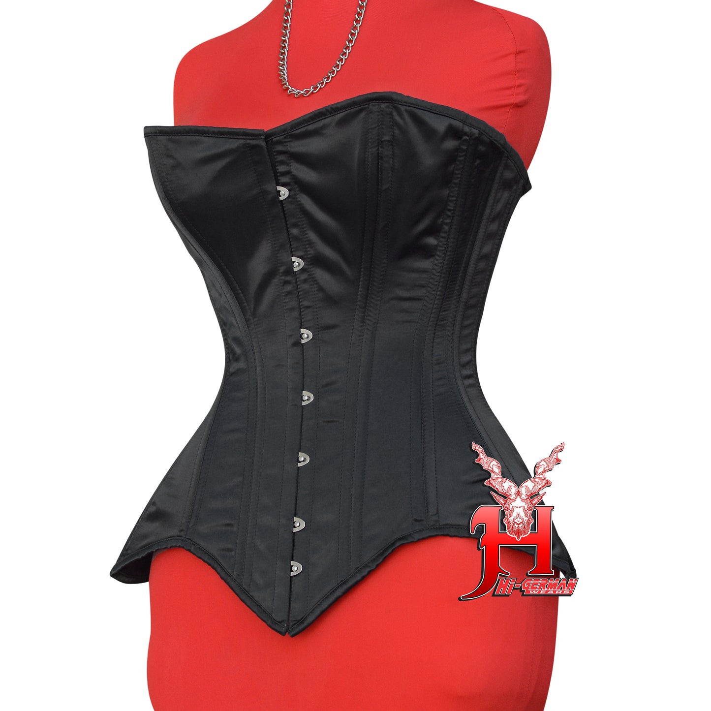 Women’s Overbust Black Satin Corset – Doppelstahl Überbrust Korsett Long Torso Waist Trainer