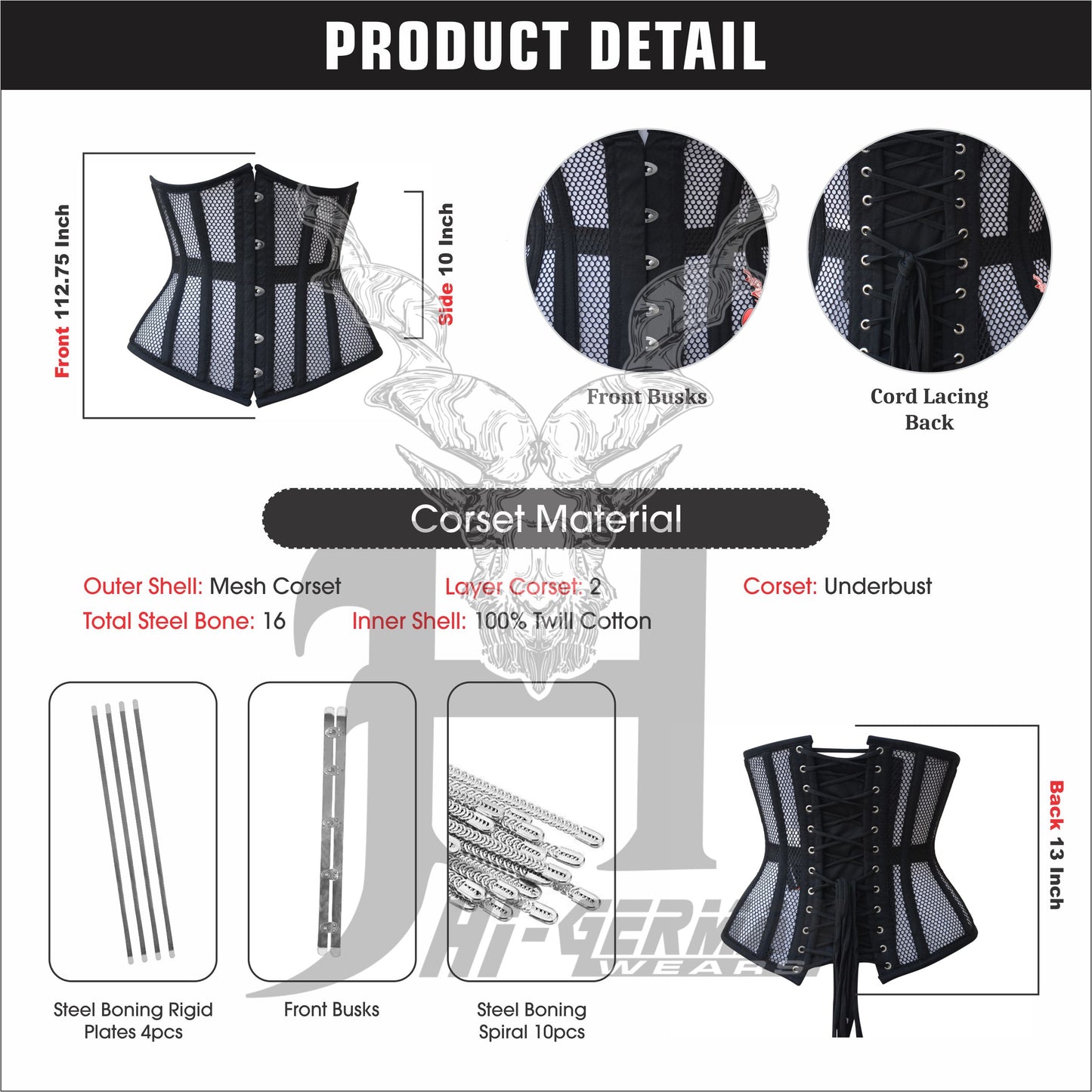 Women’s Underbust Black Cotton Mesh Steel Boned Waist Trainer Corset Unterbrust Korsett Damen