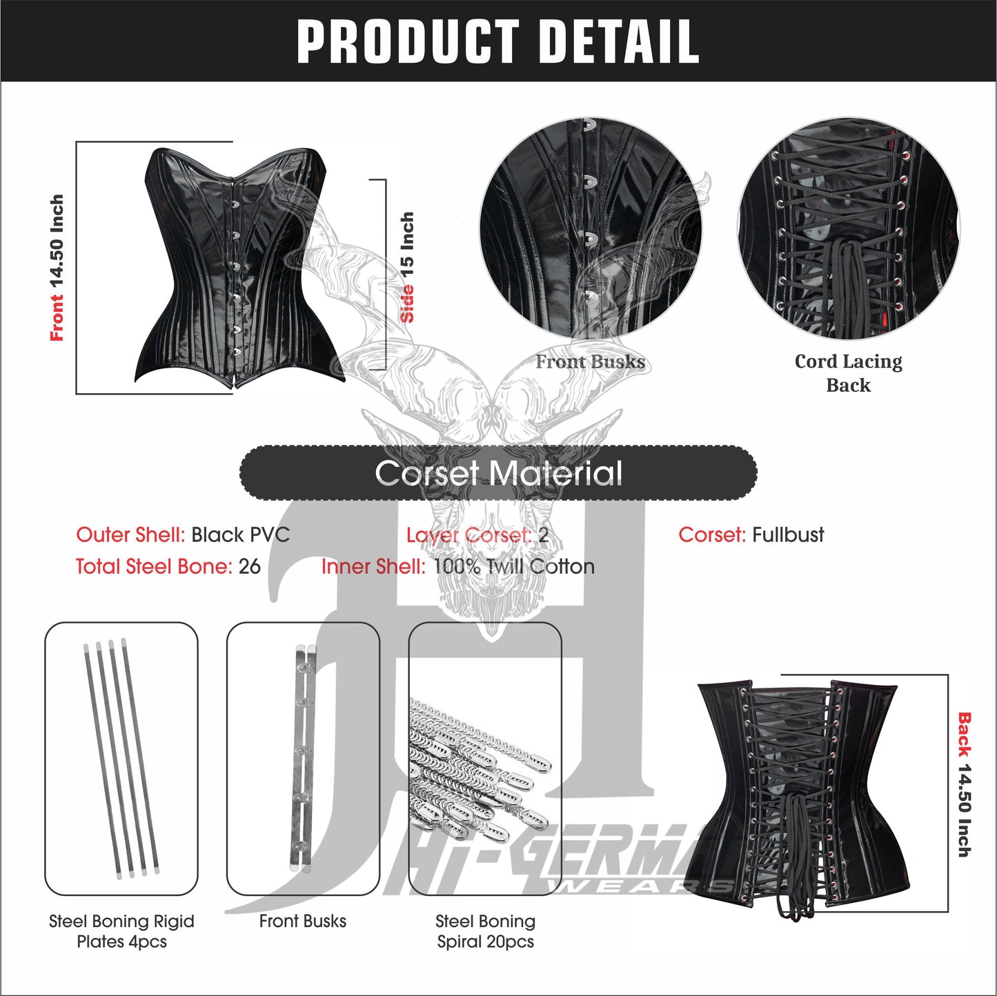 Women’s Overbust Black PVC Double Steel Boned Corset | Overbust Korsett Schwarz