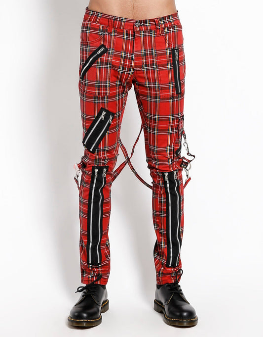 Gothic Hose Rot Kariert – Slim Fit, Ziergurte, Reißverschlüsse, Unisex Look