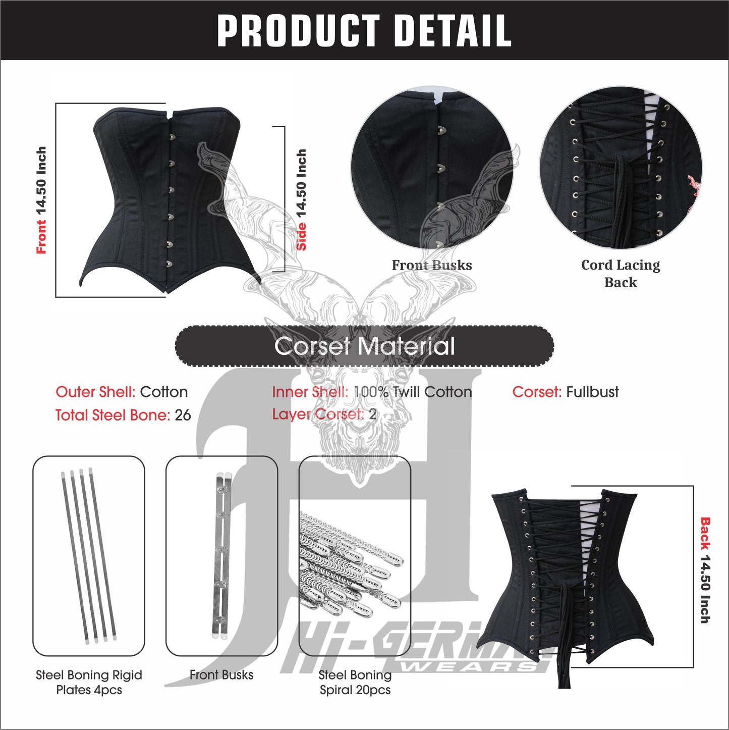 Women’s Overbust Black Cotton Corset Double Steel Boned Waist Trainer / Überbrust Korsett Damen