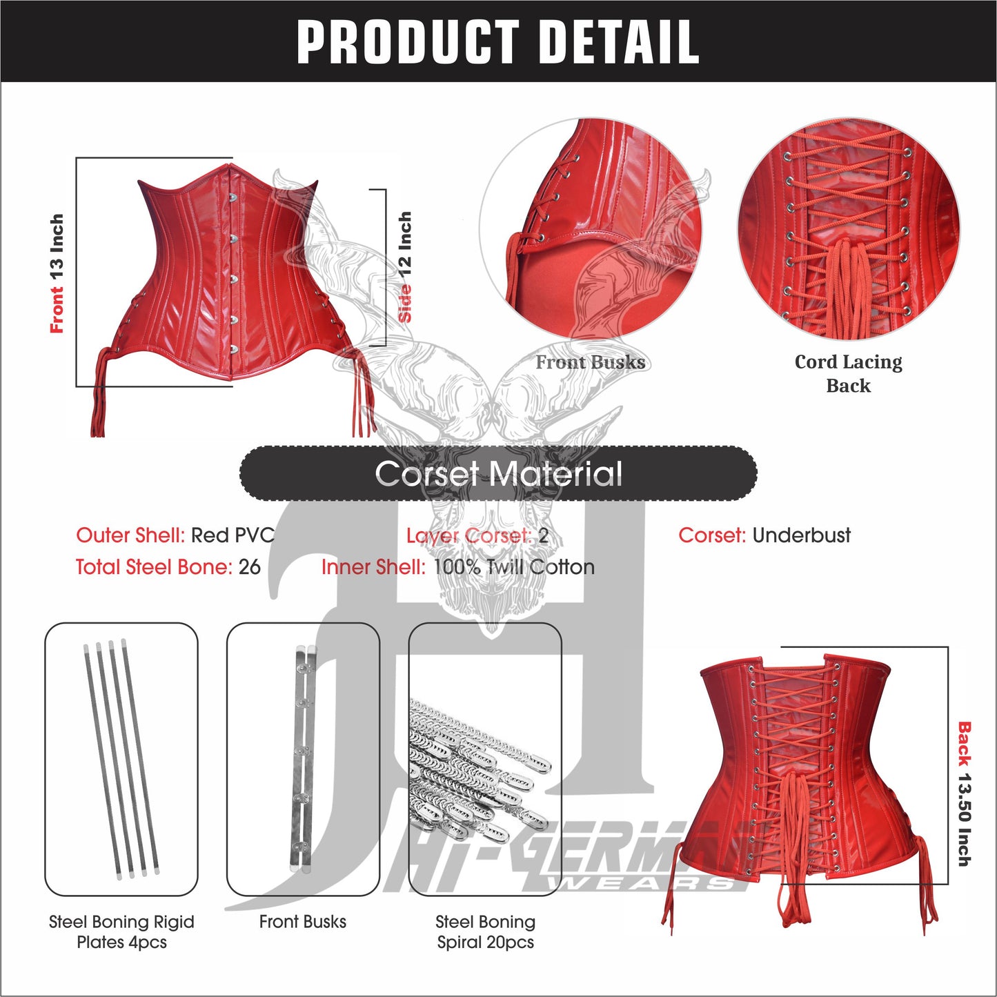 Women’s Underbust Red PVC Double Steel Boned Corset with Side Laces | Unterbrust Korsett Rot