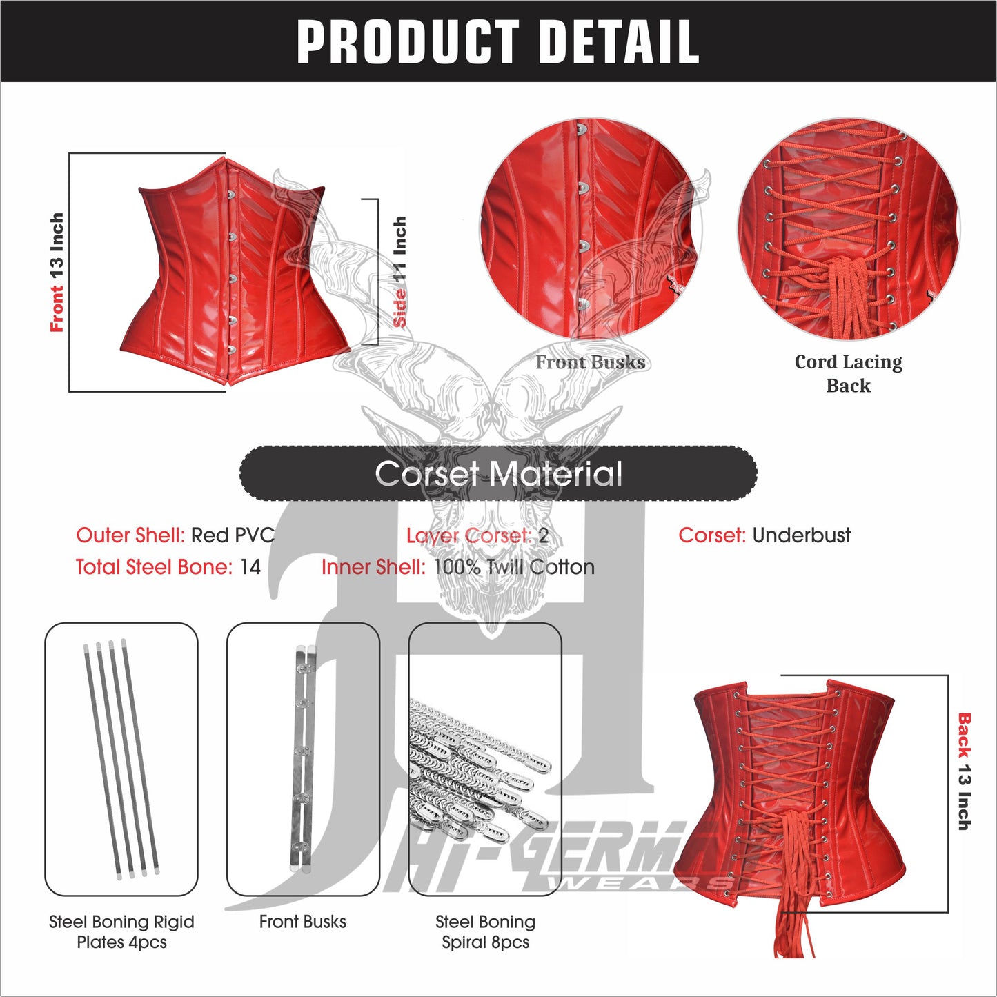 Women’s Underbust Red PVC Steel Boned Corset | Unterbrust Korsett Rot
