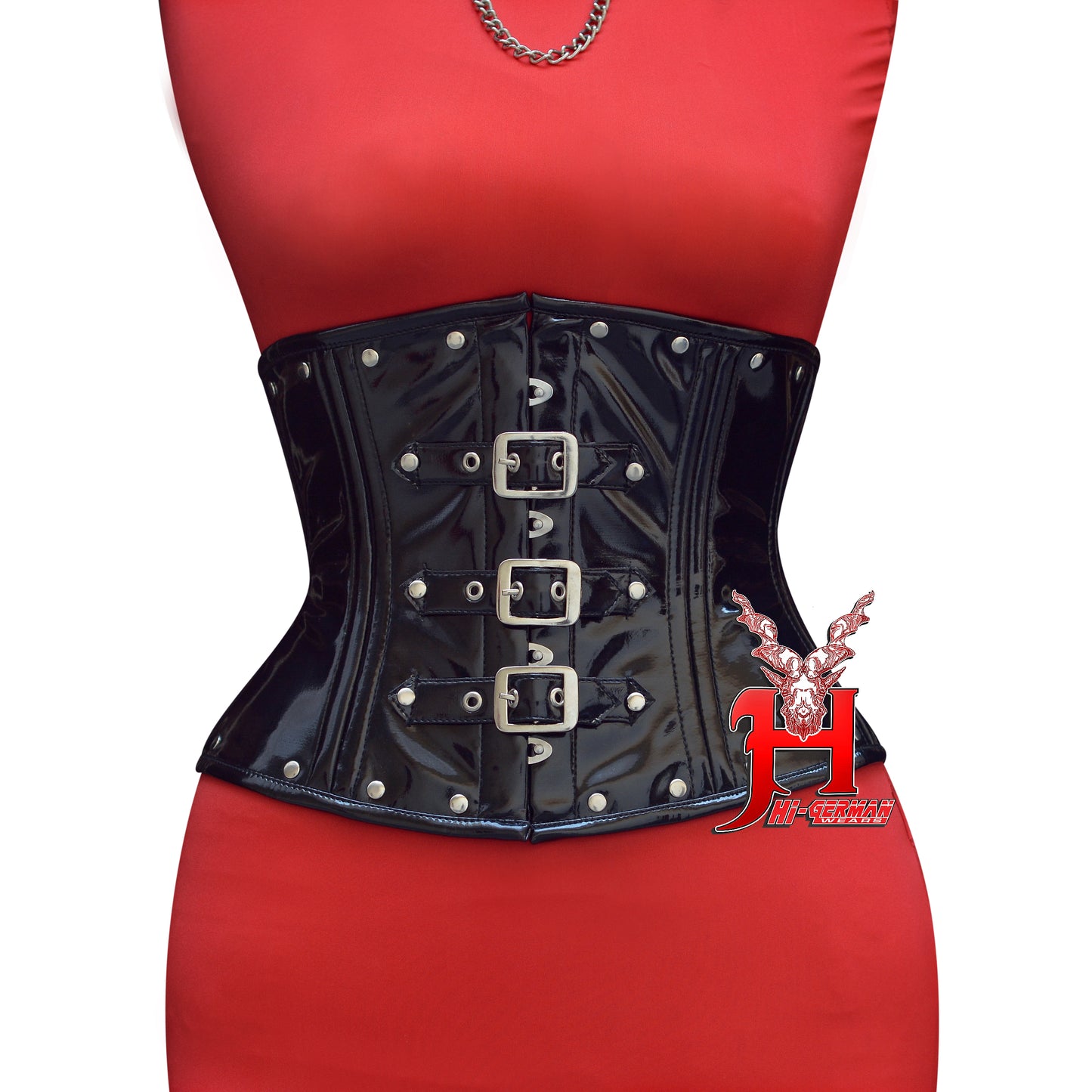 Women’s Underbust Black PVC Double Steel Boned Corset with Front Buckles | Unterbrust Korsett Schwarz