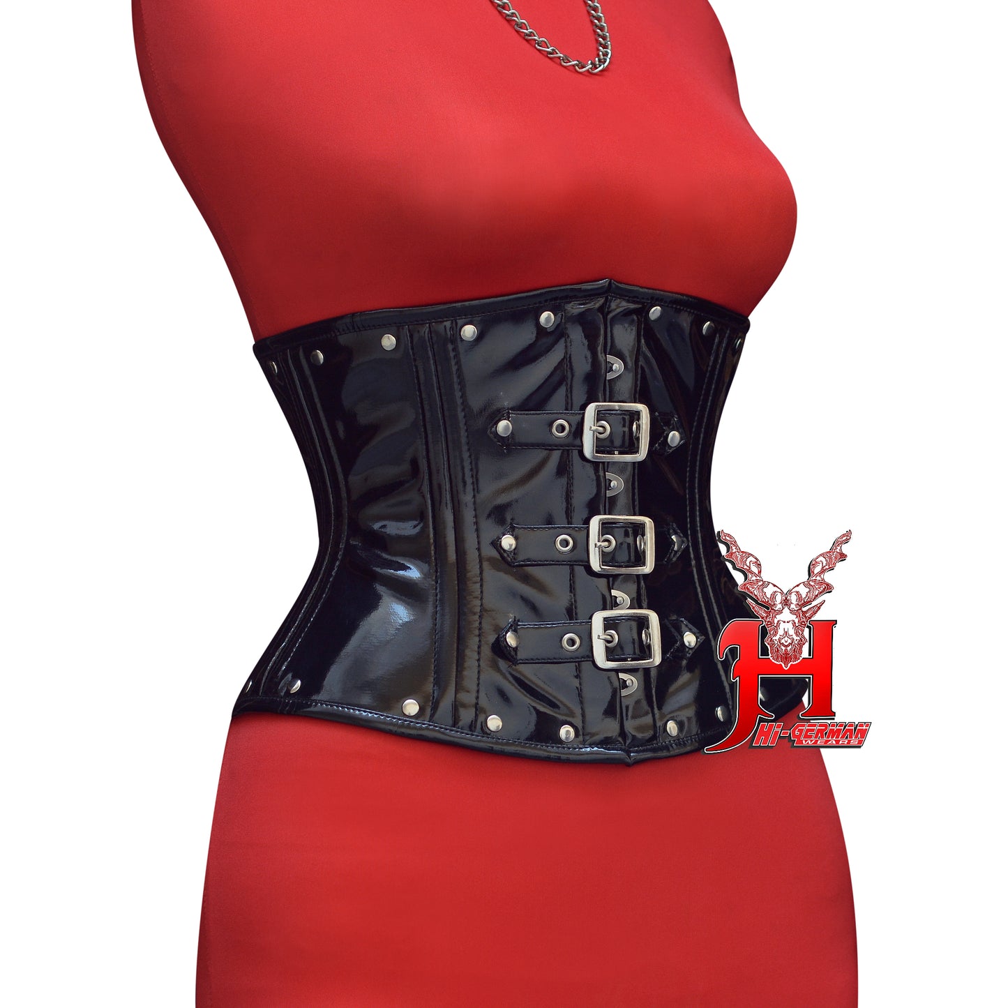 Women’s Underbust Black PVC Double Steel Boned Corset with Front Buckles | Unterbrust Korsett Schwarz