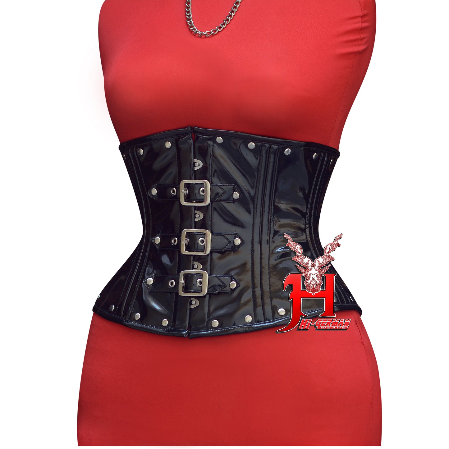 Women’s Underbust Black PVC Double Steel Boned Corset with Front Buckles | Unterbrust Korsett Schwarz