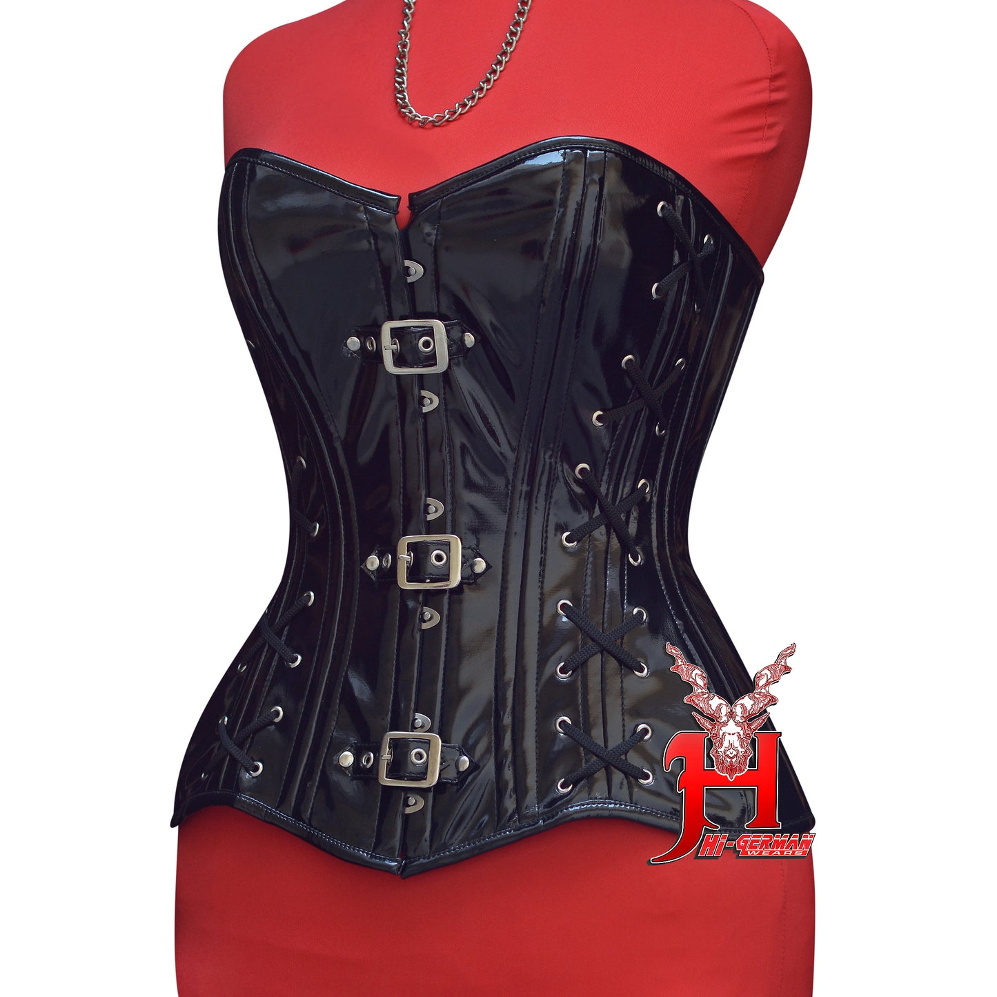 Women’s Overbust Black PVC Double Steel Boned Corset with Front Buckles | Overbust Korsett Schwarz