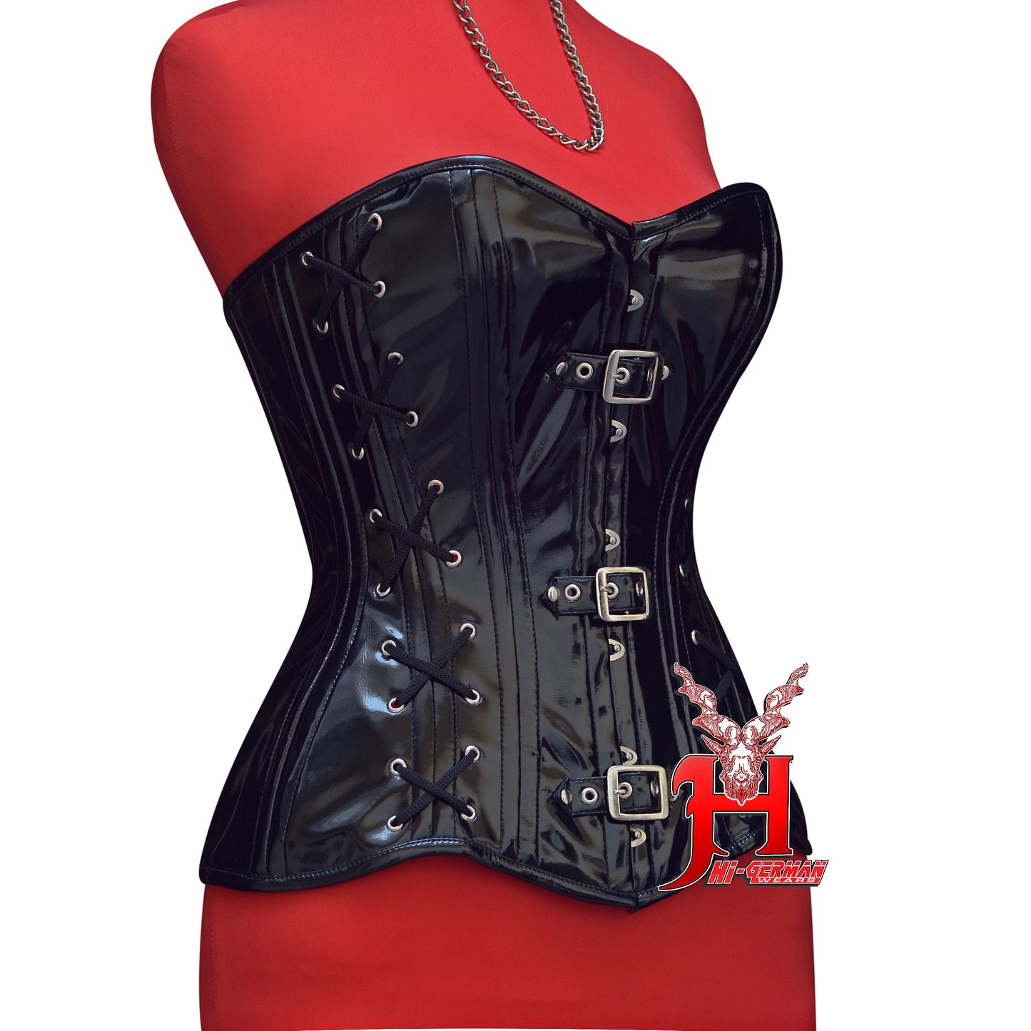 Women’s Overbust Black PVC Double Steel Boned Corset with Front Buckles | Overbust Korsett Schwarz